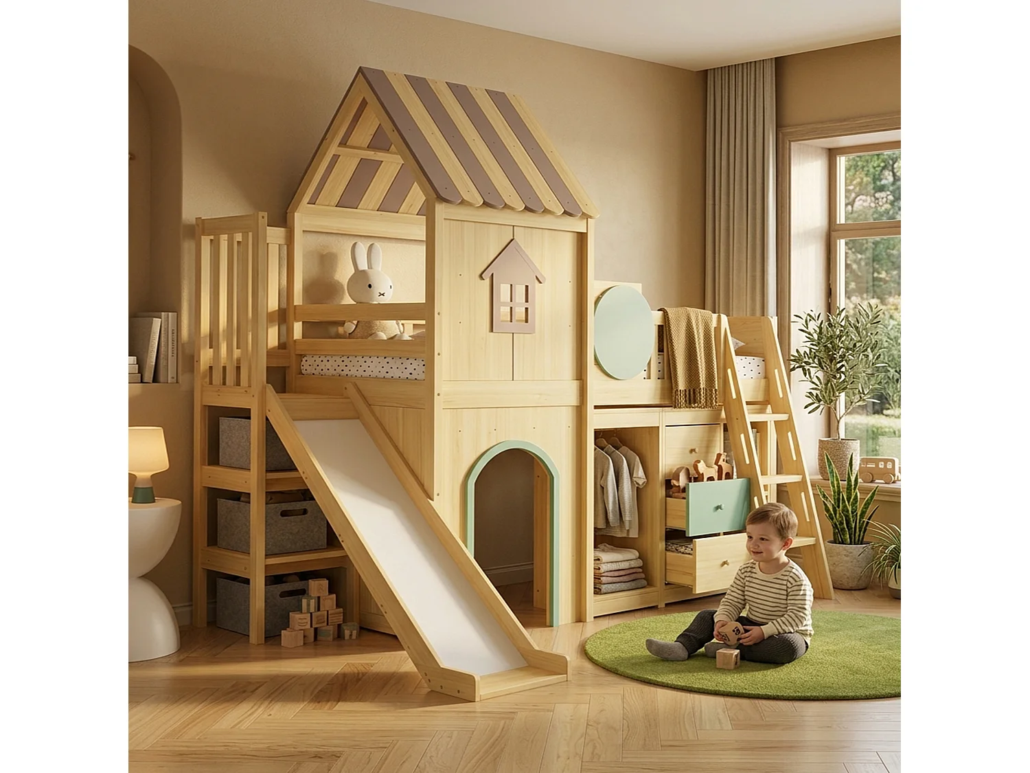 90 x 200 cm loft bed in the shape of a little house with slide, wardrobe and chest of drawers – Pine and MDF – Natural and green (Mattress not included)