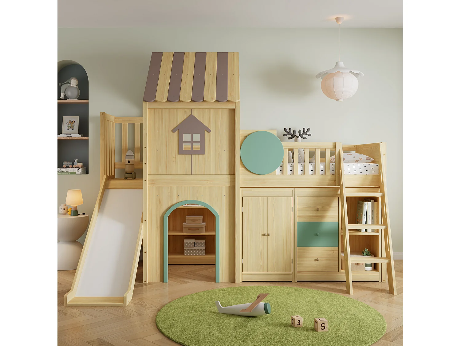 90 x 200 cm loft bed in the shape of a little house with slide, wardrobe and chest of drawers – Pine and MDF – Natural and green (Mattress not included)