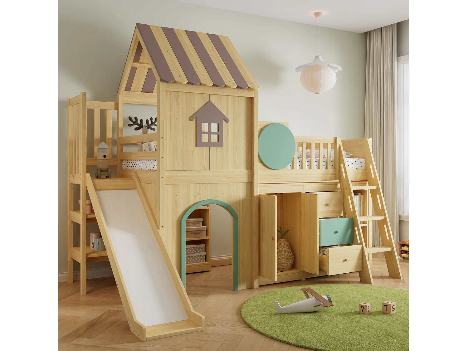 90 x 200 cm loft bed in the shape of a little house with slide, wardrobe and chest of drawers – Pine and MDF – Natural and green (Mattress not included)