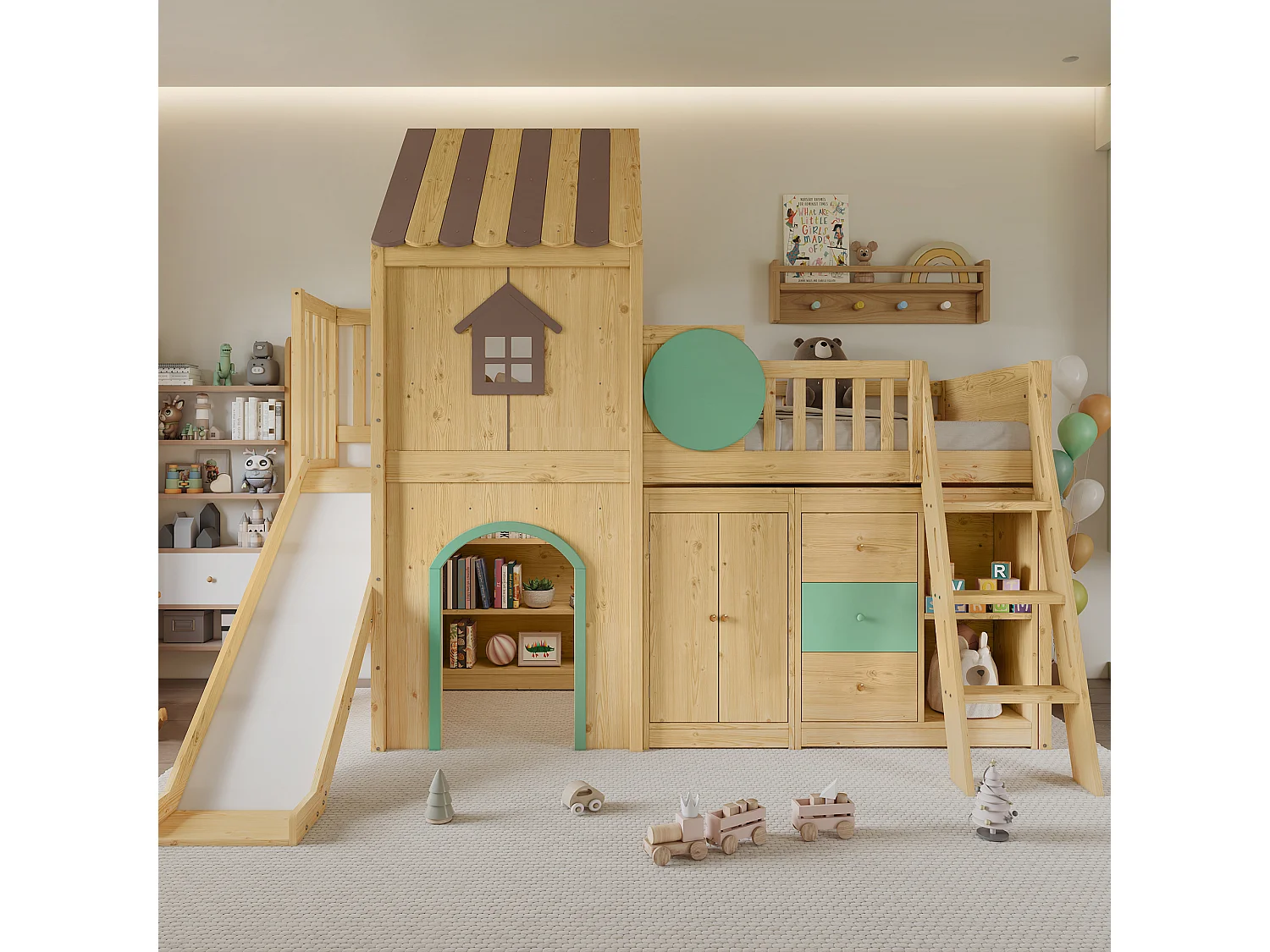 90 x 200 cm loft bed in the shape of a little house with slide, wardrobe and chest of drawers – Pine and MDF – Natural and green (Mattress not included)