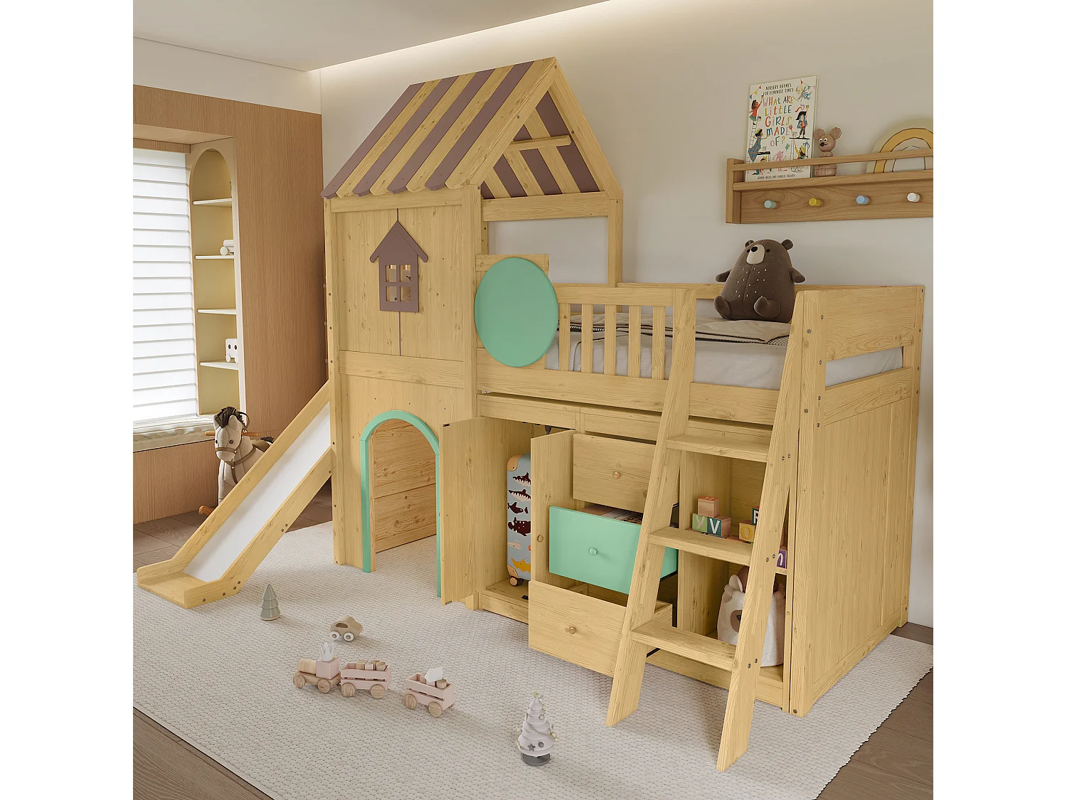90 x 200 cm loft bed in the shape of a little house with slide, wardrobe and chest of drawers – Pine and MDF – Natural and green (Mattress not included)