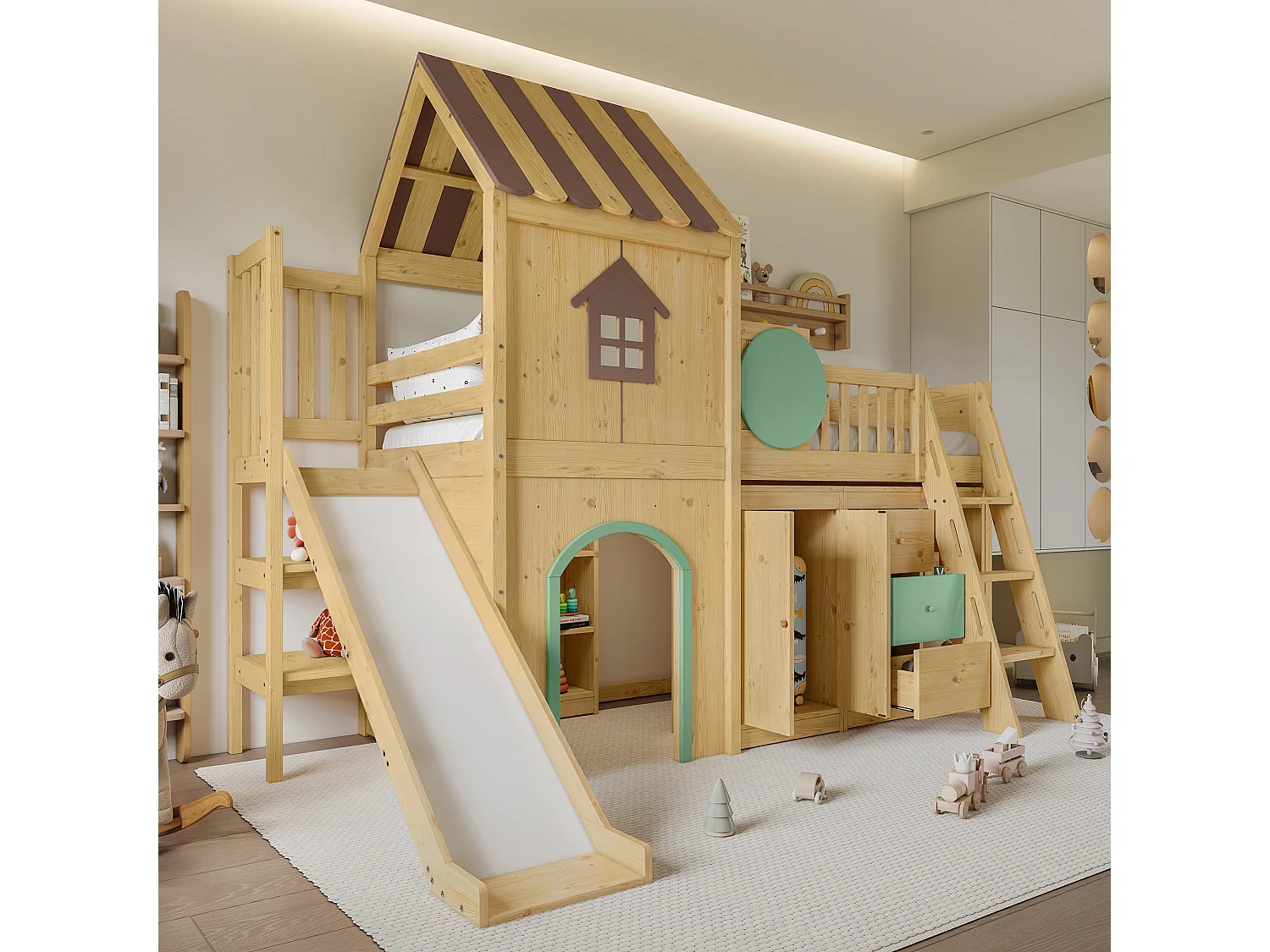 90 x 200 cm loft bed in the shape of a little house with slide, wardrobe and chest of drawers – Pine and MDF – Natural and green (Mattress not included)