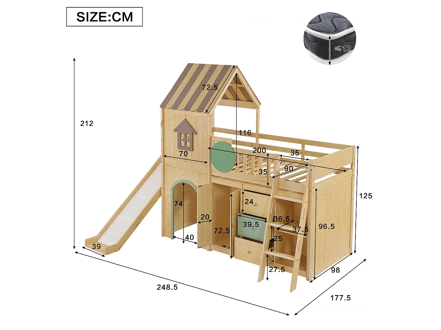 90 x 200 cm loft bed in the shape of a little house with slide, wardrobe and chest of drawers – Pine and MDF – Natural and green (Mattress not included)