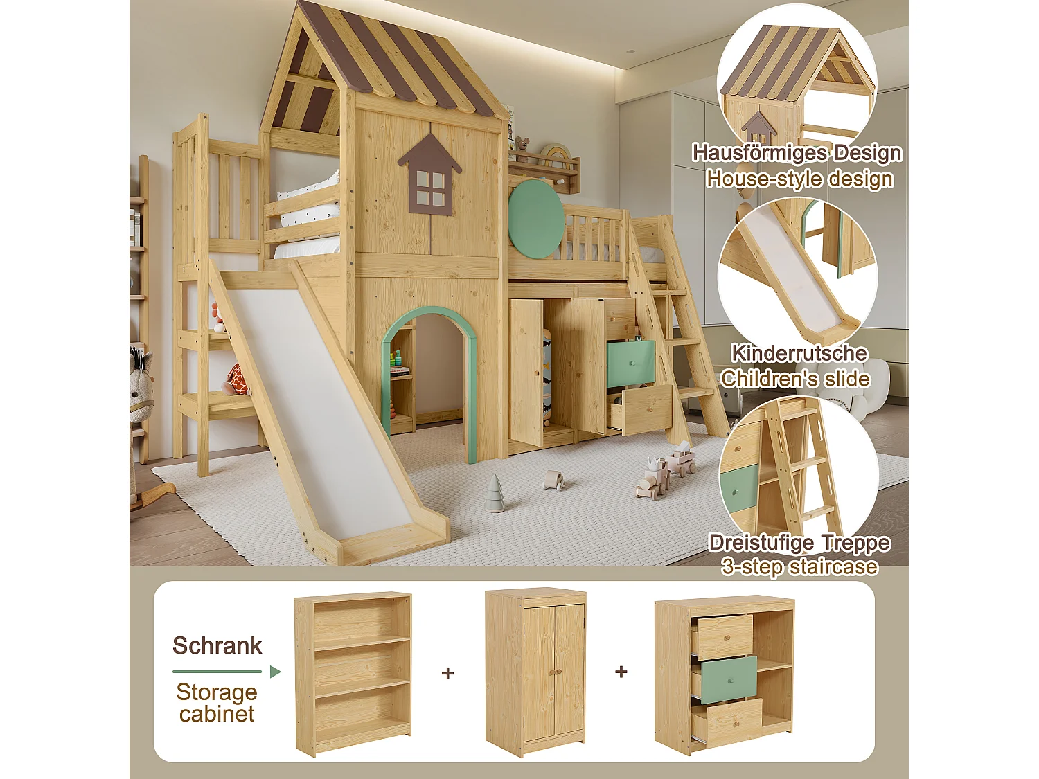 90 x 200 cm loft bed in the shape of a little house with slide, wardrobe and chest of drawers – Pine and MDF – Natural and green (Mattress not included)