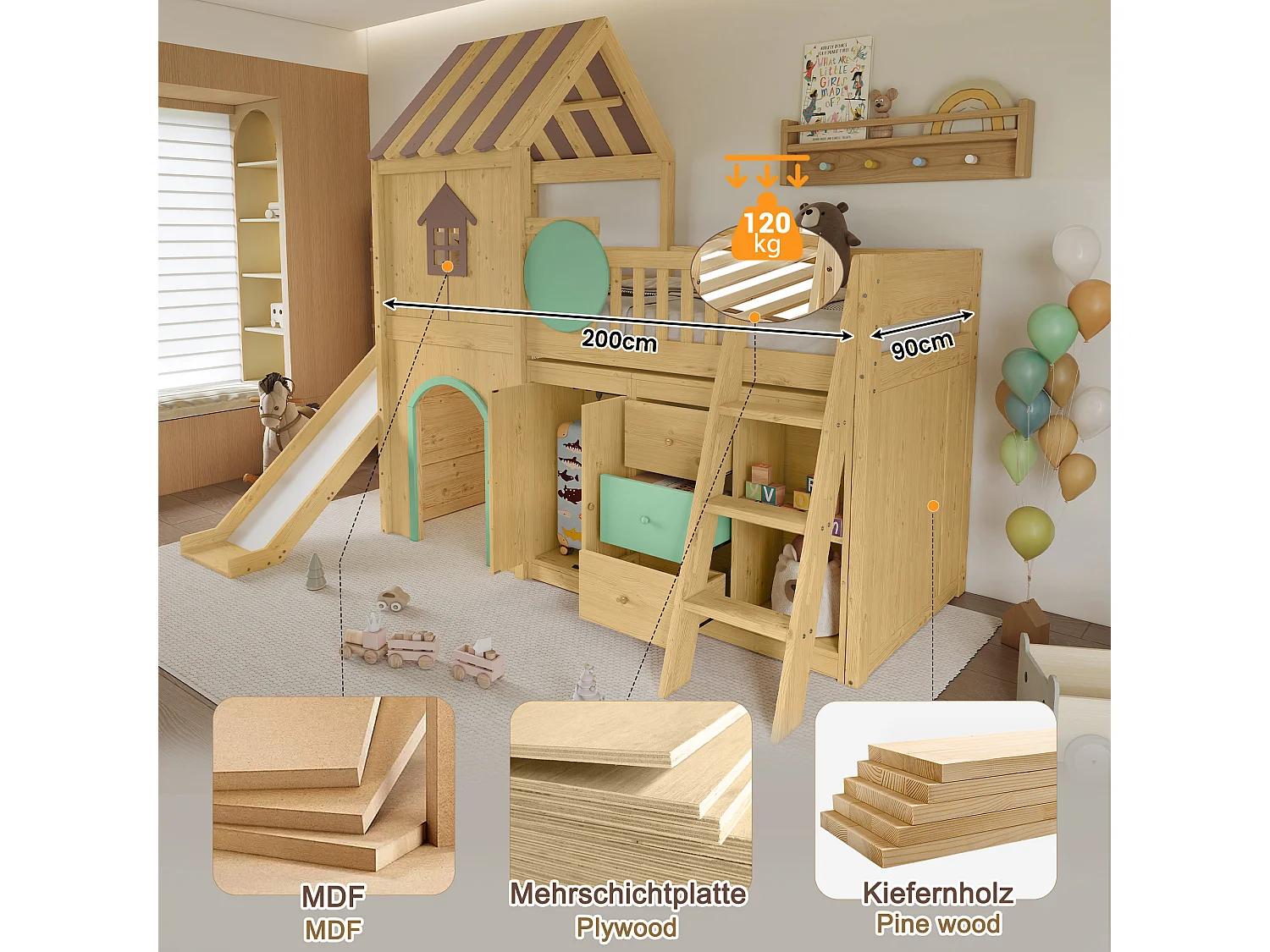 90 x 200 cm loft bed in the shape of a little house with slide, wardrobe and chest of drawers – Pine and MDF – Natural and green (Mattress not included)