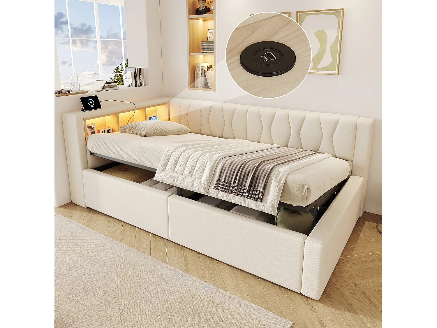Letto contenitore 90 x 200 cm con vano contenitore idraulico, ripiani, illuminazione a LED regolabile e porta USB - Lino - Beige (Materasso non incluso)