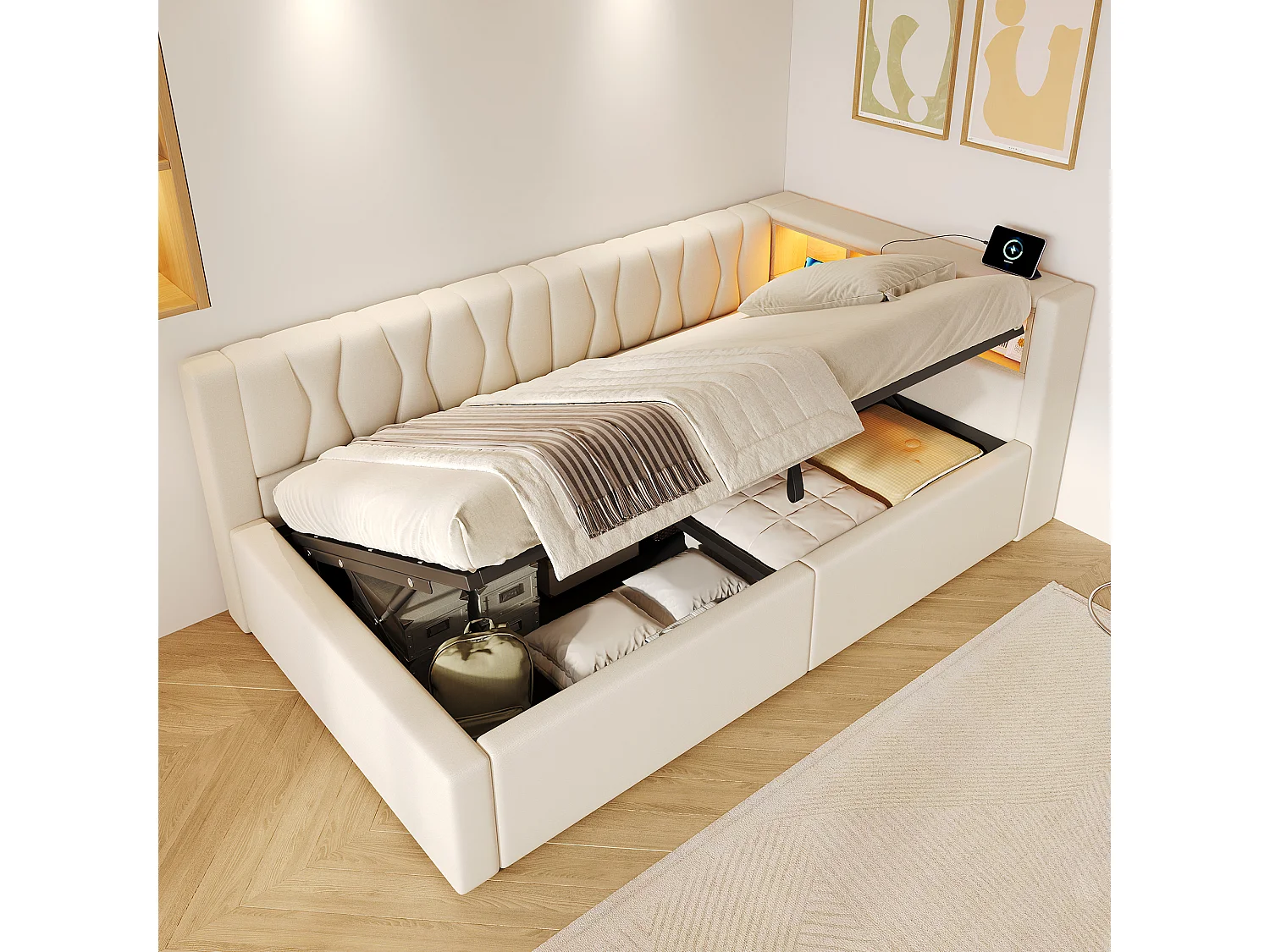 Letto contenitore 90 x 200 cm con vano contenitore idraulico, ripiani, illuminazione a LED regolabile e porta USB - Lino - Beige (Materasso non incluso)