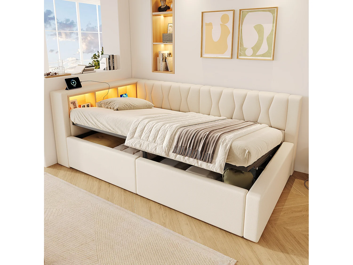 Letto contenitore 90 x 200 cm con vano contenitore idraulico, ripiani, illuminazione a LED regolabile e porta USB - Lino - Beige (Materasso non incluso)