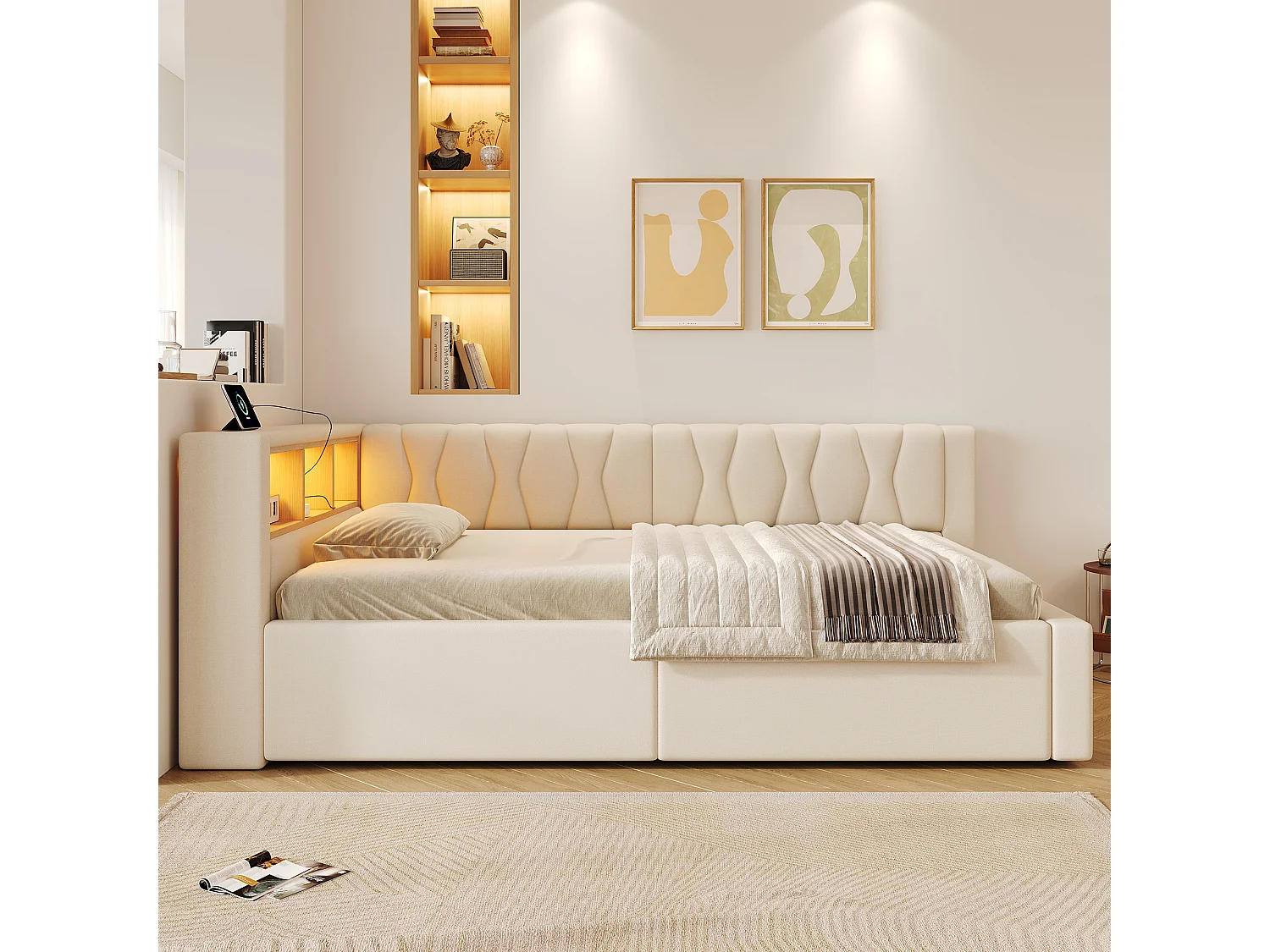 Letto contenitore 90 x 200 cm con vano contenitore idraulico, ripiani, illuminazione a LED regolabile e porta USB - Lino - Beige (Materasso non incluso)