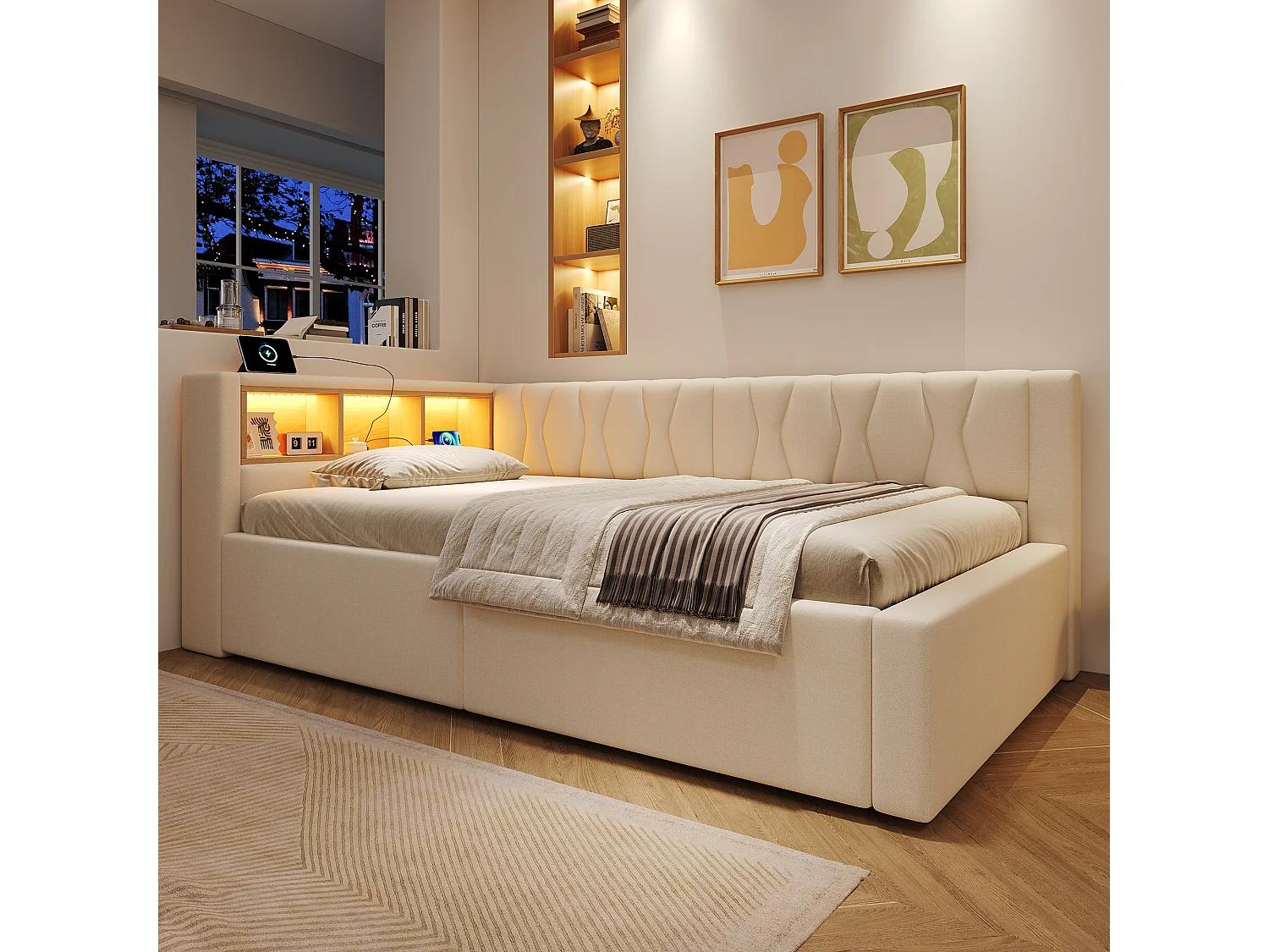 Letto contenitore 90 x 200 cm con vano contenitore idraulico, ripiani, illuminazione a LED regolabile e porta USB - Lino - Beige (Materasso non incluso)