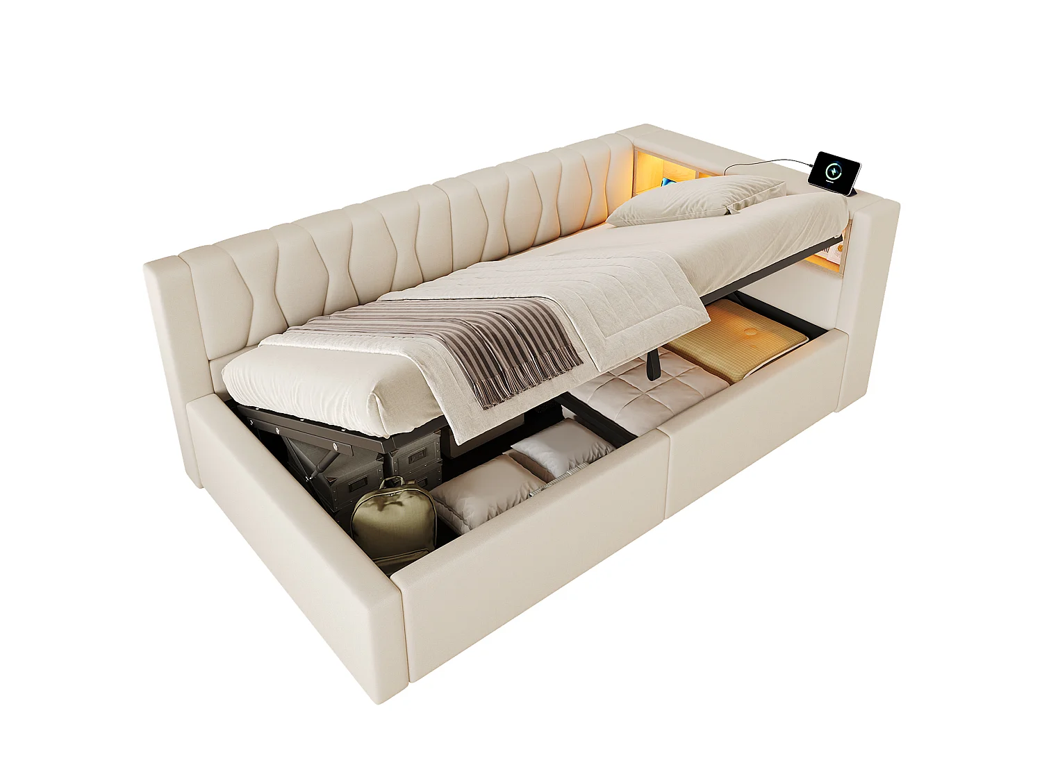 Letto contenitore 90 x 200 cm con vano contenitore idraulico, ripiani, illuminazione a LED regolabile e porta USB - Lino - Beige (Materasso non incluso)