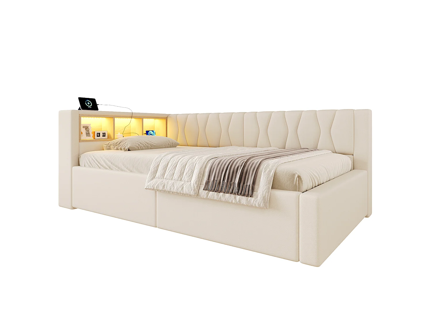 Letto contenitore 90 x 200 cm con vano contenitore idraulico, ripiani, illuminazione a LED regolabile e porta USB - Lino - Beige (Materasso non incluso)