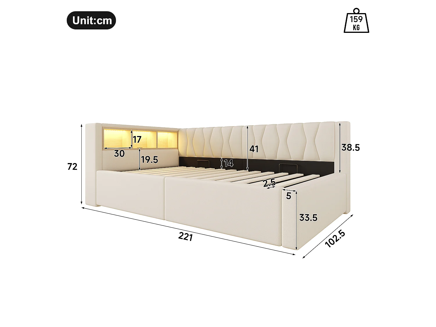 Letto contenitore 90 x 200 cm con vano contenitore idraulico, ripiani, illuminazione a LED regolabile e porta USB - Lino - Beige (Materasso non incluso)