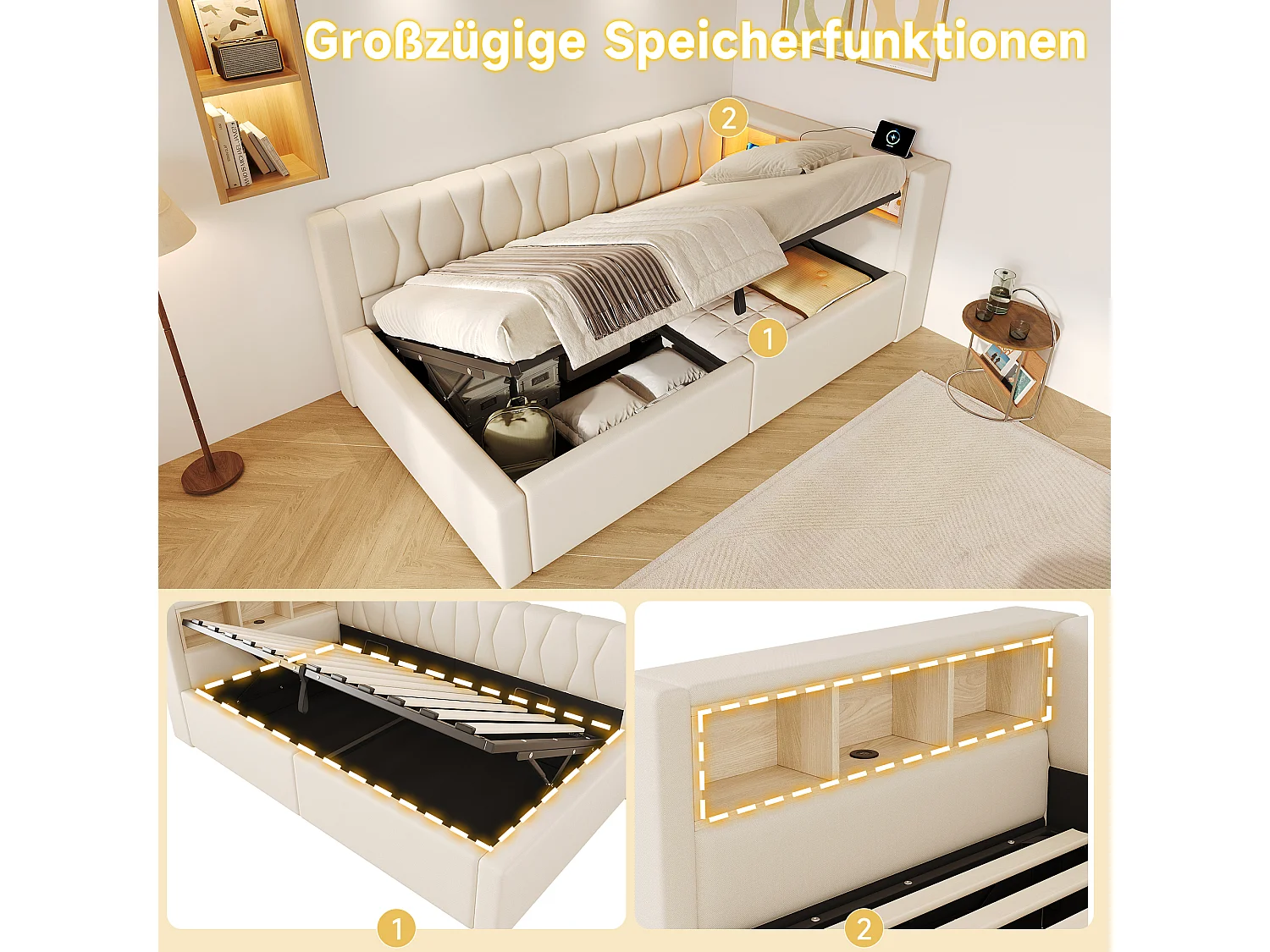 Letto contenitore 90 x 200 cm con vano contenitore idraulico, ripiani, illuminazione a LED regolabile e porta USB - Lino - Beige (Materasso non incluso)