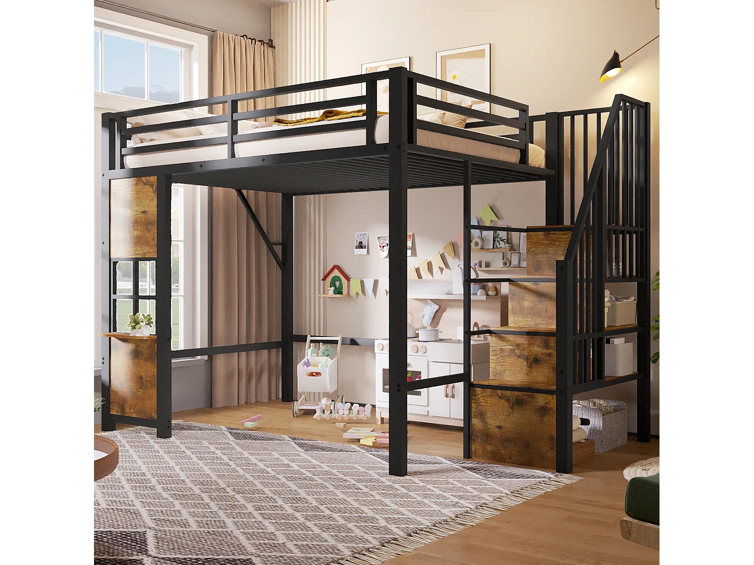 Hochbett 140 x 200 cm mit Stauraumleiter und Fenster – Rahmen aus Metall und MDF – Schwarz (Matratze nicht im Lieferumfang enthalten)