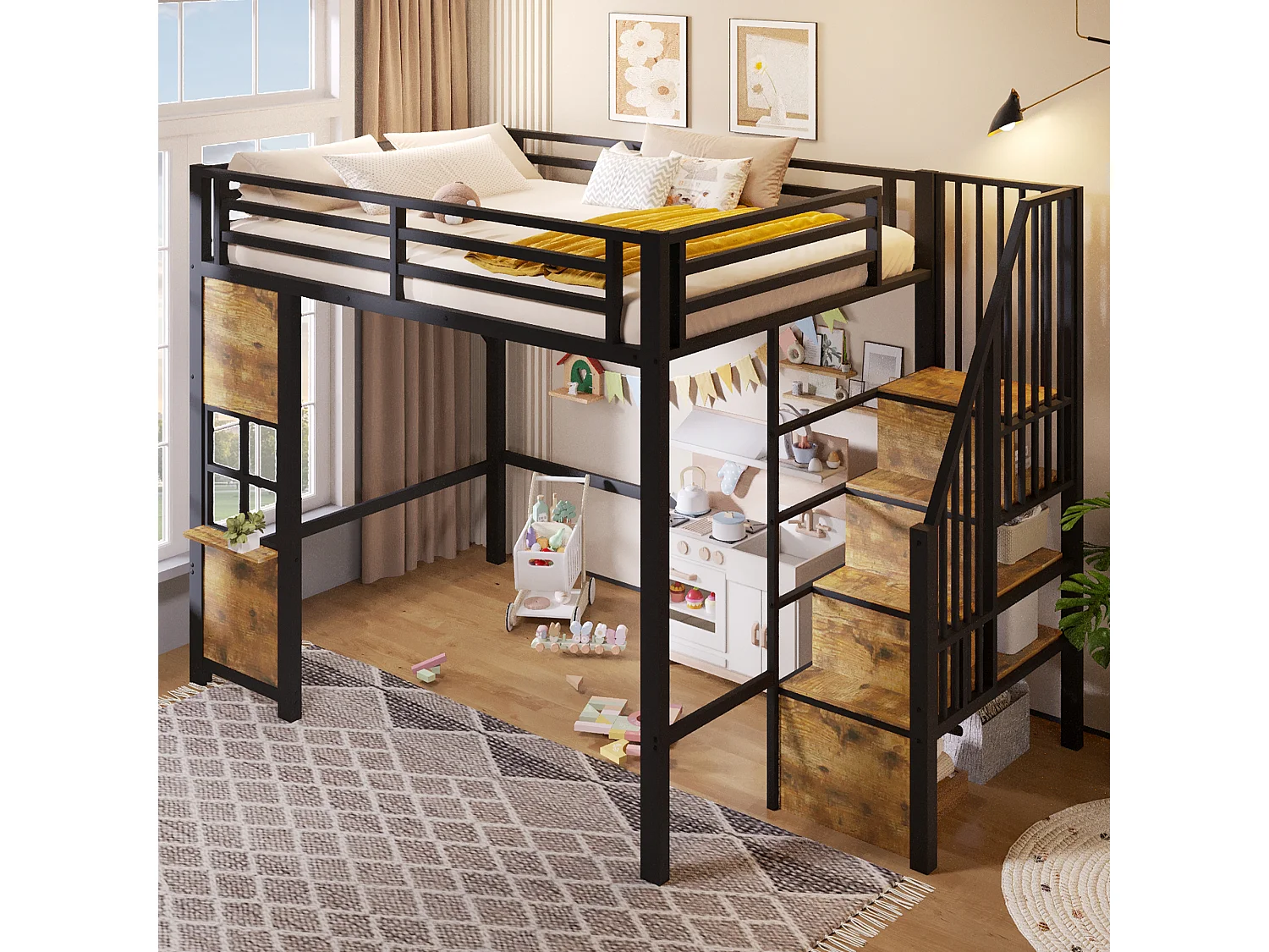 Hochbett 140 x 200 cm mit Stauraumleiter und Fenster – Rahmen aus Metall und MDF – Schwarz (Matratze nicht im Lieferumfang enthalten)