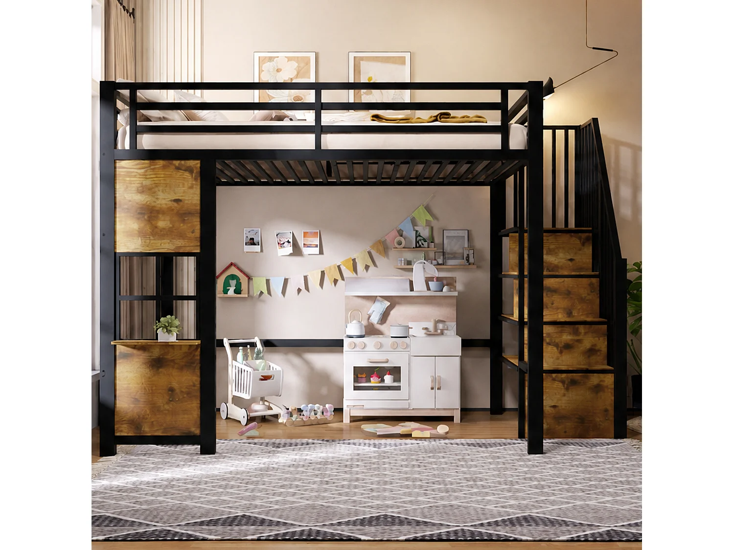 Hochbett 140 x 200 cm mit Stauraumleiter und Fenster – Rahmen aus Metall und MDF – Schwarz (Matratze nicht im Lieferumfang enthalten)