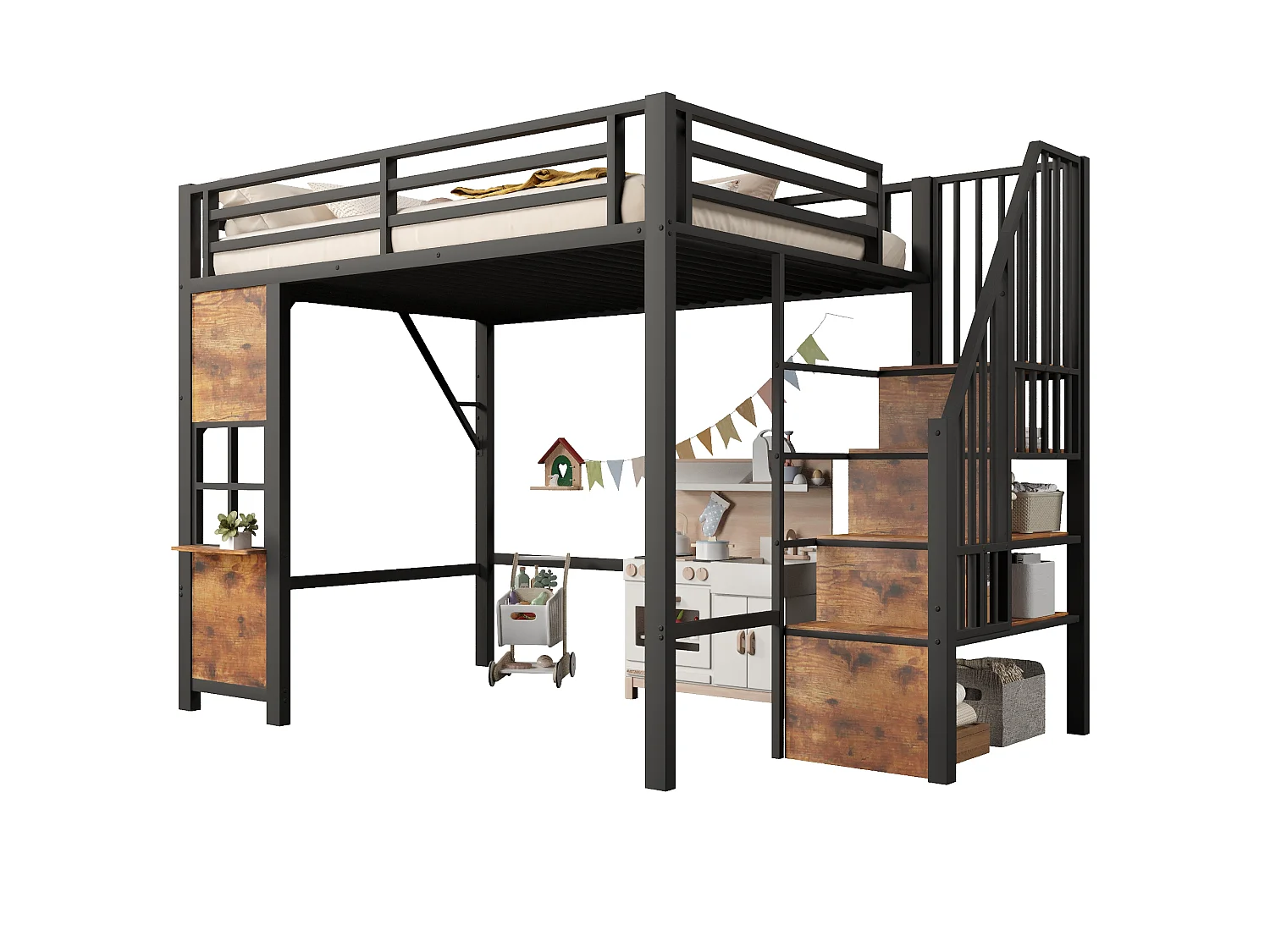 Hochbett 140 x 200 cm mit Stauraumleiter und Fenster – Rahmen aus Metall und MDF – Schwarz (Matratze nicht im Lieferumfang enthalten)