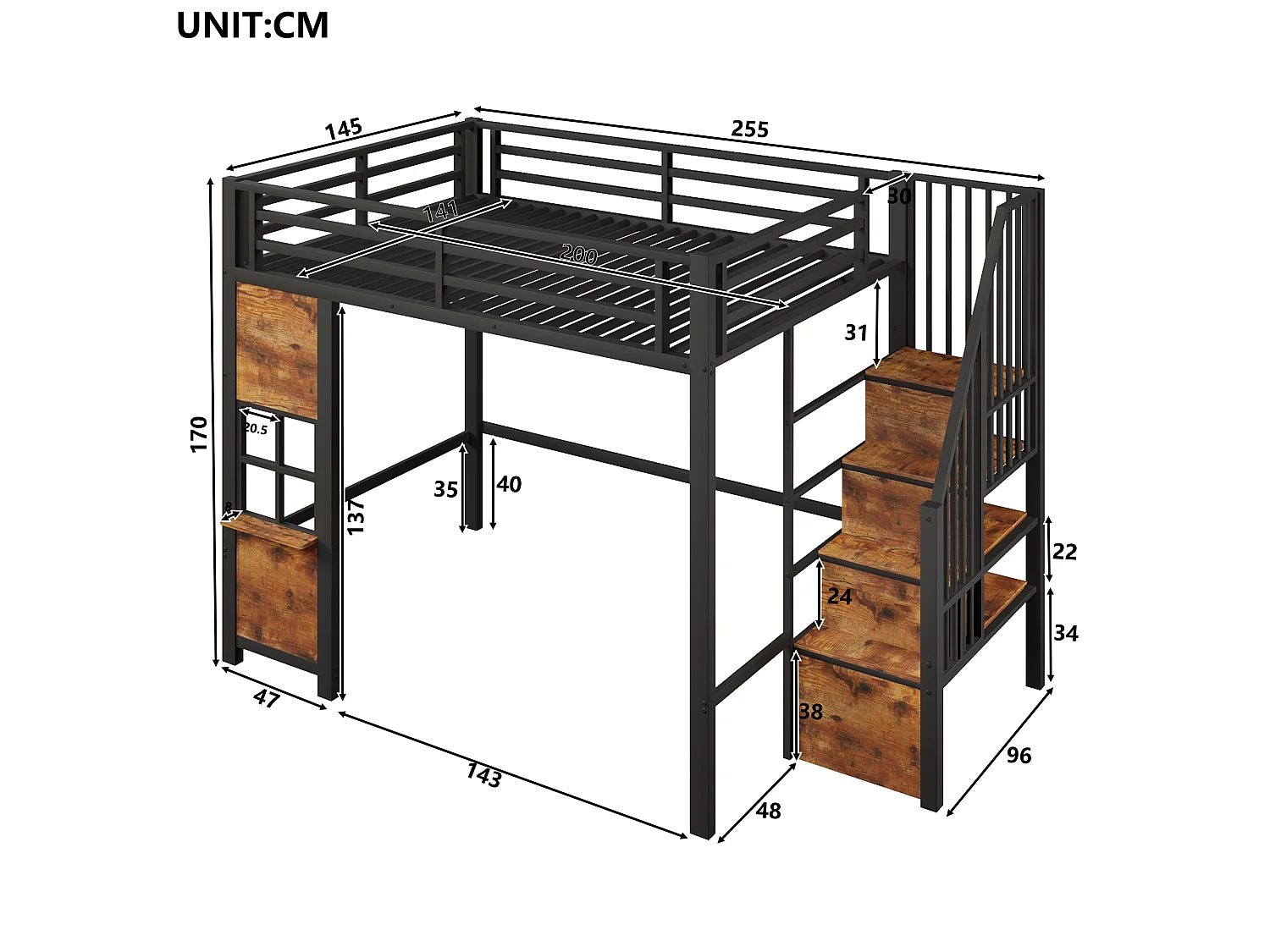 Hochbett 140 x 200 cm mit Stauraumleiter und Fenster – Rahmen aus Metall und MDF – Schwarz (Matratze nicht im Lieferumfang enthalten)