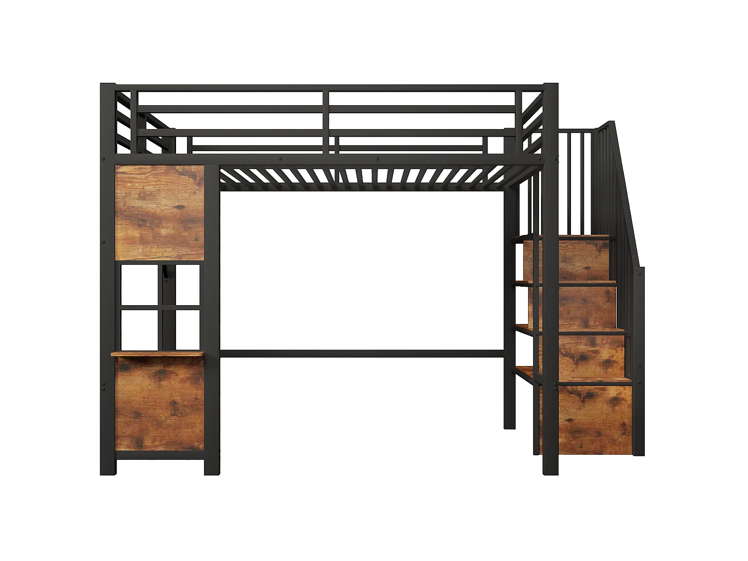 Hochbett 140 x 200 cm mit Stauraumleiter und Fenster – Rahmen aus Metall und MDF – Schwarz (Matratze nicht im Lieferumfang enthalten)