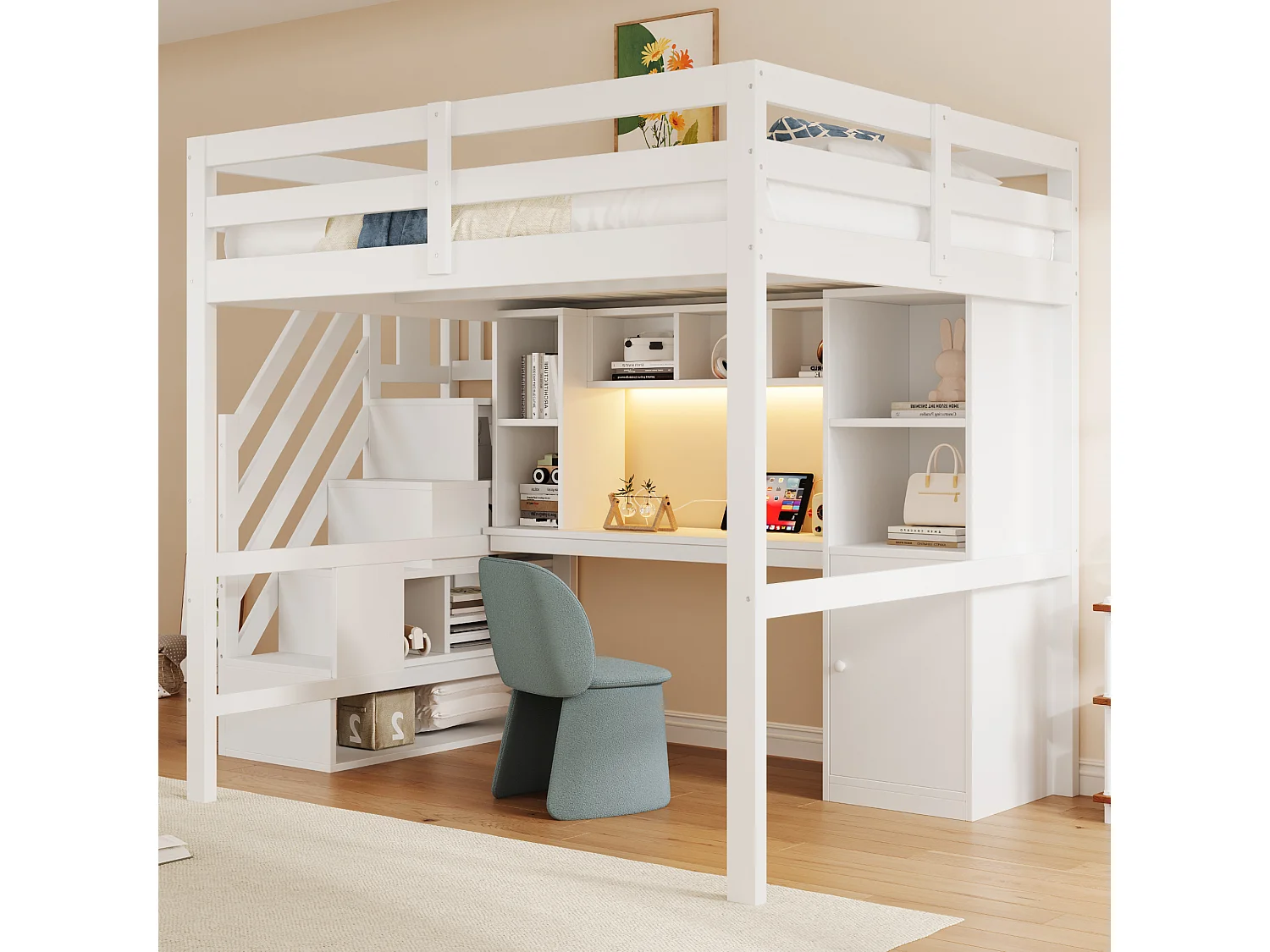 Lit mezzanine 90 x 200 cm avec bureau, escalier rangement, étagères, placards, LED et prises – Pin/MDF – Blanc (Sans matelas)