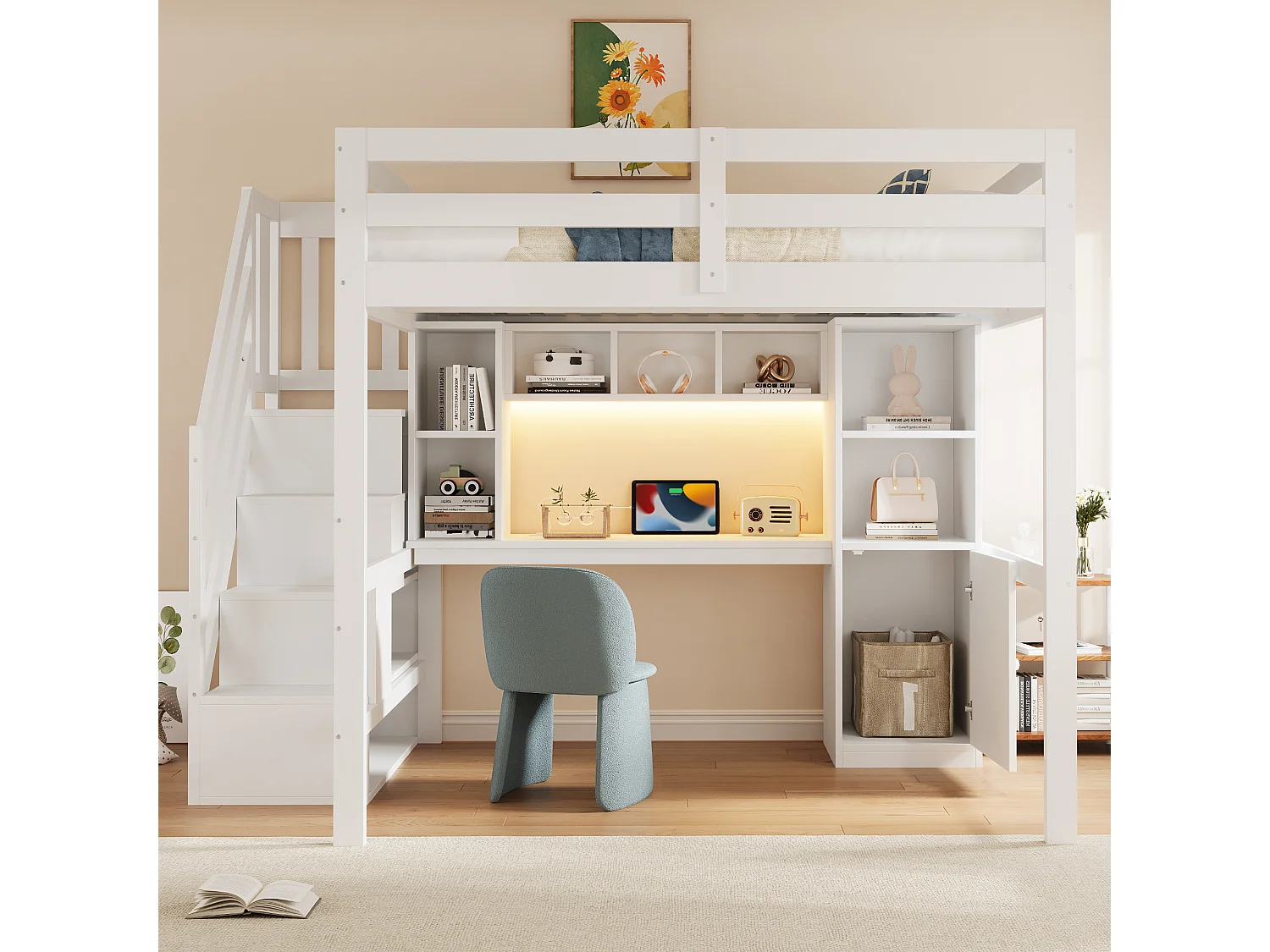 Lit mezzanine 90 x 200 cm avec bureau, escalier rangement, étagères, placards, LED et prises – Pin/MDF – Blanc (Sans matelas)