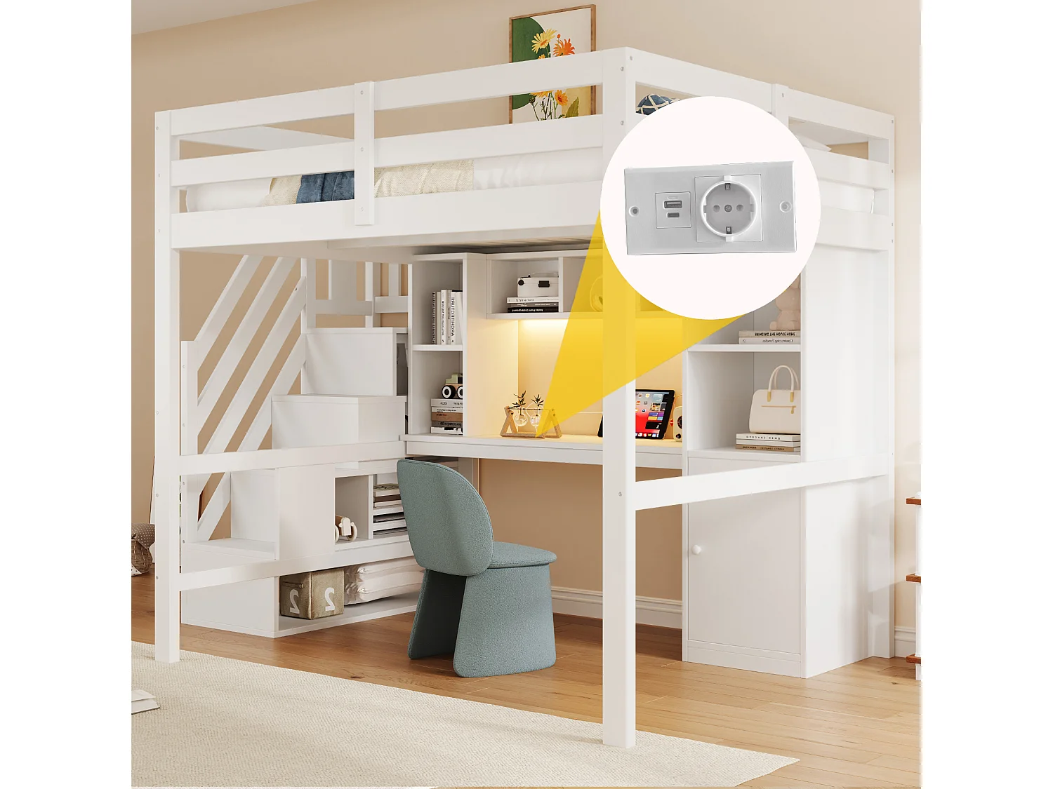 Lit mezzanine 90 x 200 cm avec bureau, escalier rangement, étagères, placards, LED et prises – Pin/MDF – Blanc (Sans matelas)