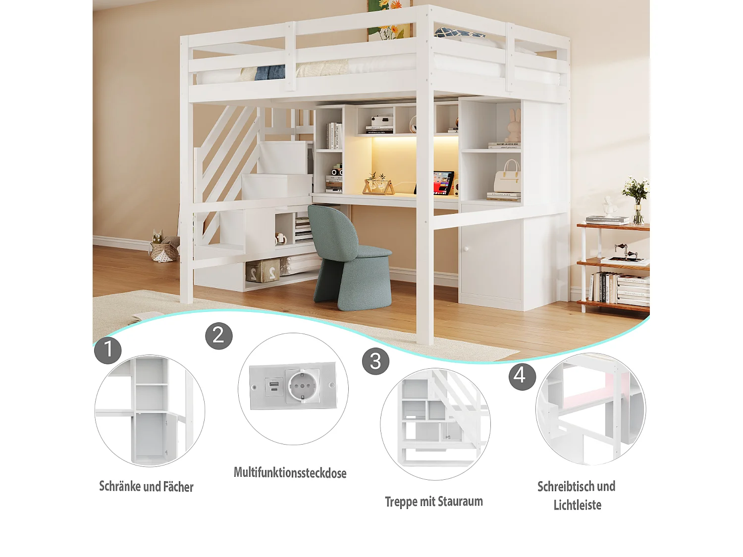 Lit mezzanine 90 x 200 cm avec bureau, escalier rangement, étagères, placards, LED et prises – Pin/MDF – Blanc (Sans matelas)