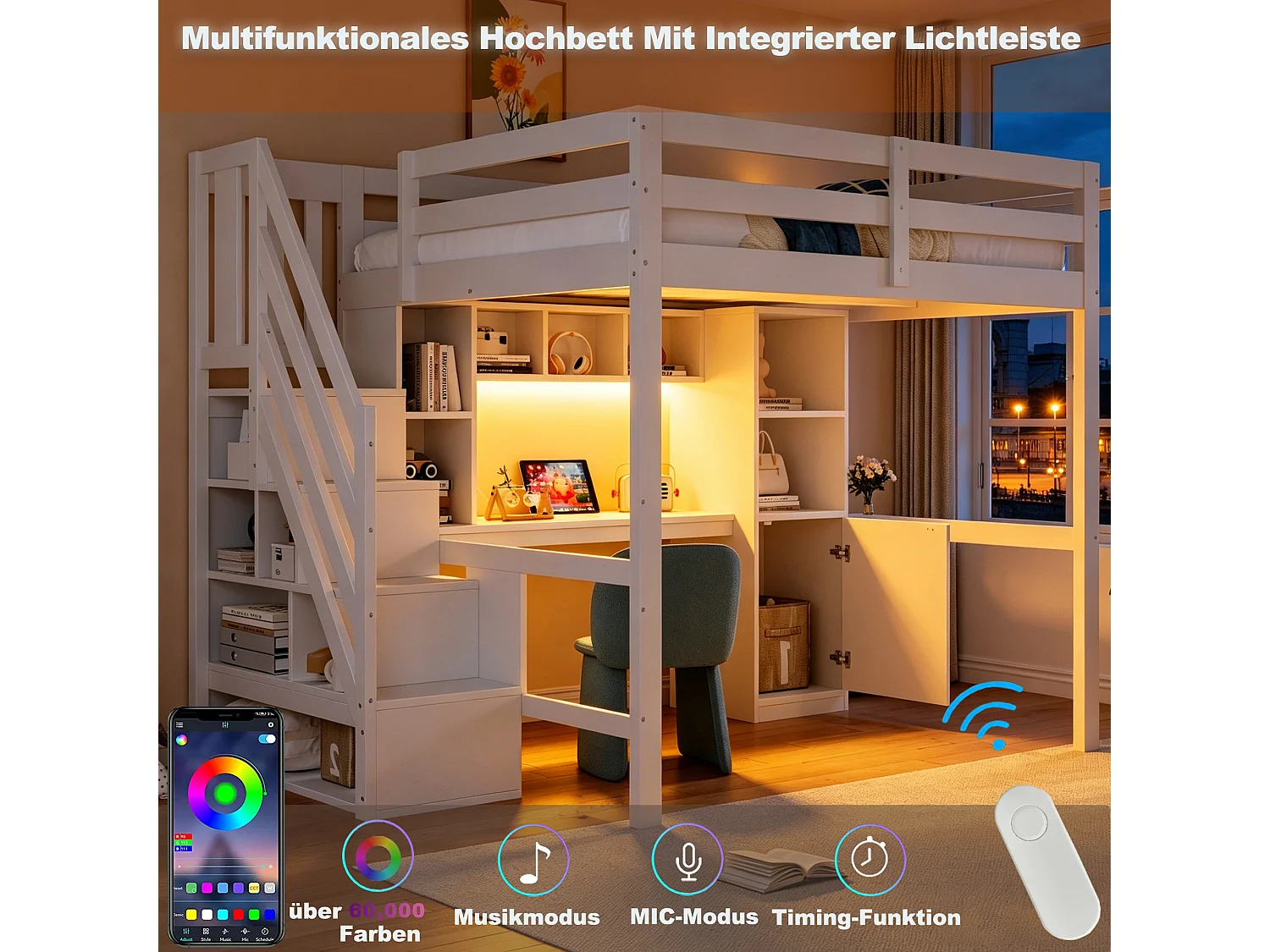 Lit mezzanine 90 x 200 cm avec bureau, escalier rangement, étagères, placards, LED et prises – Pin/MDF – Blanc (Sans matelas)