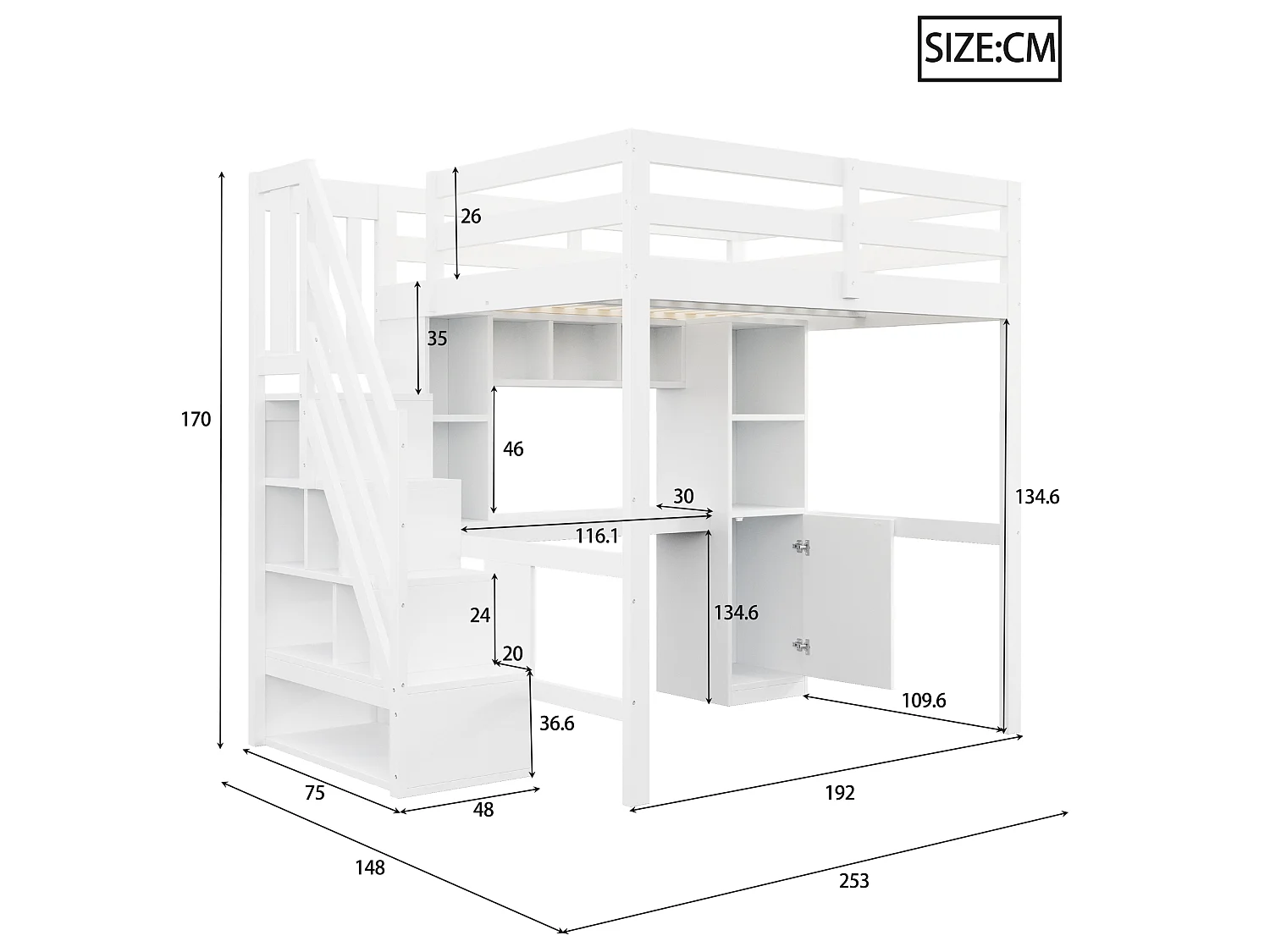 Lit mezzanine 90 x 200 cm avec bureau, escalier rangement, étagères, placards, LED et prises – Pin/MDF – Blanc (Sans matelas)