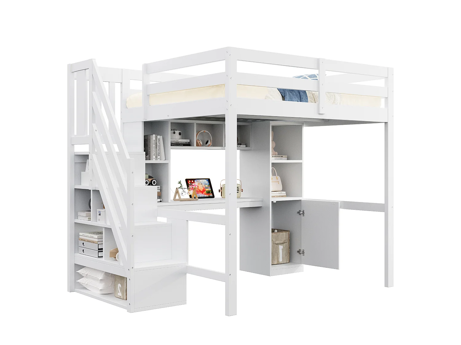Lit mezzanine 90 x 200 cm avec bureau, escalier rangement, étagères, placards, LED et prises – Pin/MDF – Blanc (Sans matelas)