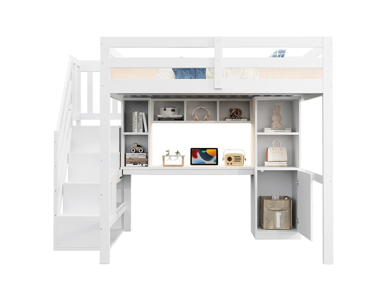 Lit mezzanine 90 x 200 cm avec bureau, escalier rangement, étagères, placards, LED et prises – Pin/MDF – Blanc (Sans matelas)