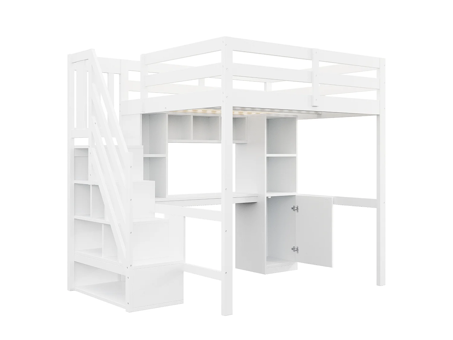 Lit mezzanine 90 x 200 cm avec bureau, escalier rangement, étagères, placards, LED et prises – Pin/MDF – Blanc (Sans matelas)
