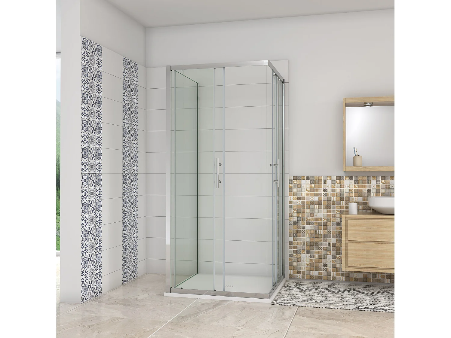 H.195 cm Box Doccia a 3 Lati 80x80x80 cm Porta Scorrevole 80 cm Doppia Parete Fissa da 80 cm in Vetro Trasparente Anticalcare da 6mm Cromato Lucido