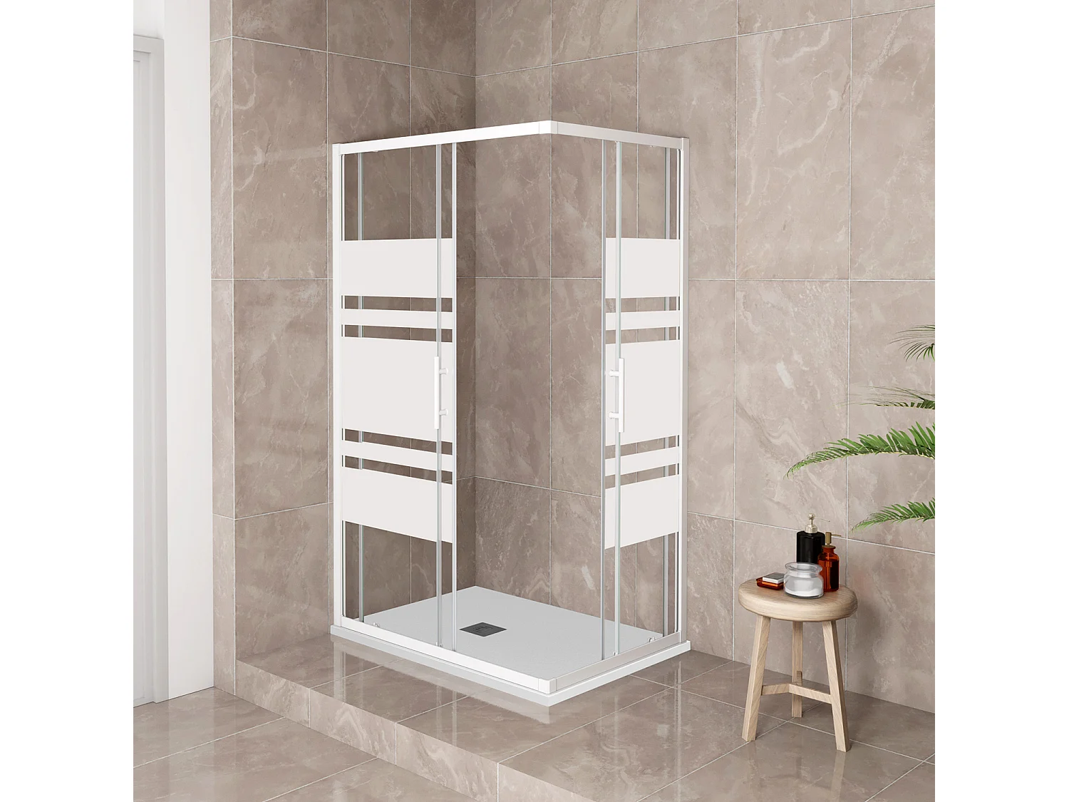 185 cm Box Doccia Angolare 90x90 cm Porte Scorrevoli Vetro Temperato 5 mm Anticalcare Fascie in Serigrafato Telaio Bianco Opaco