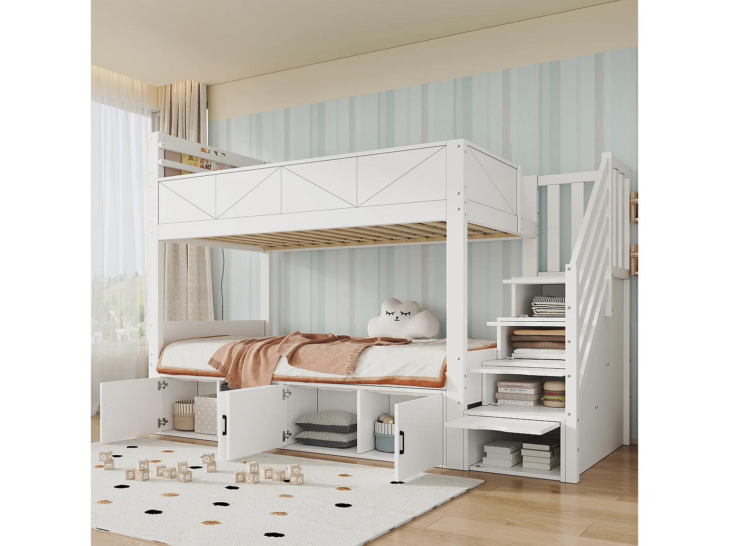 Lit superposé 90 x 200 cm avec escalier de rangement - Blanc