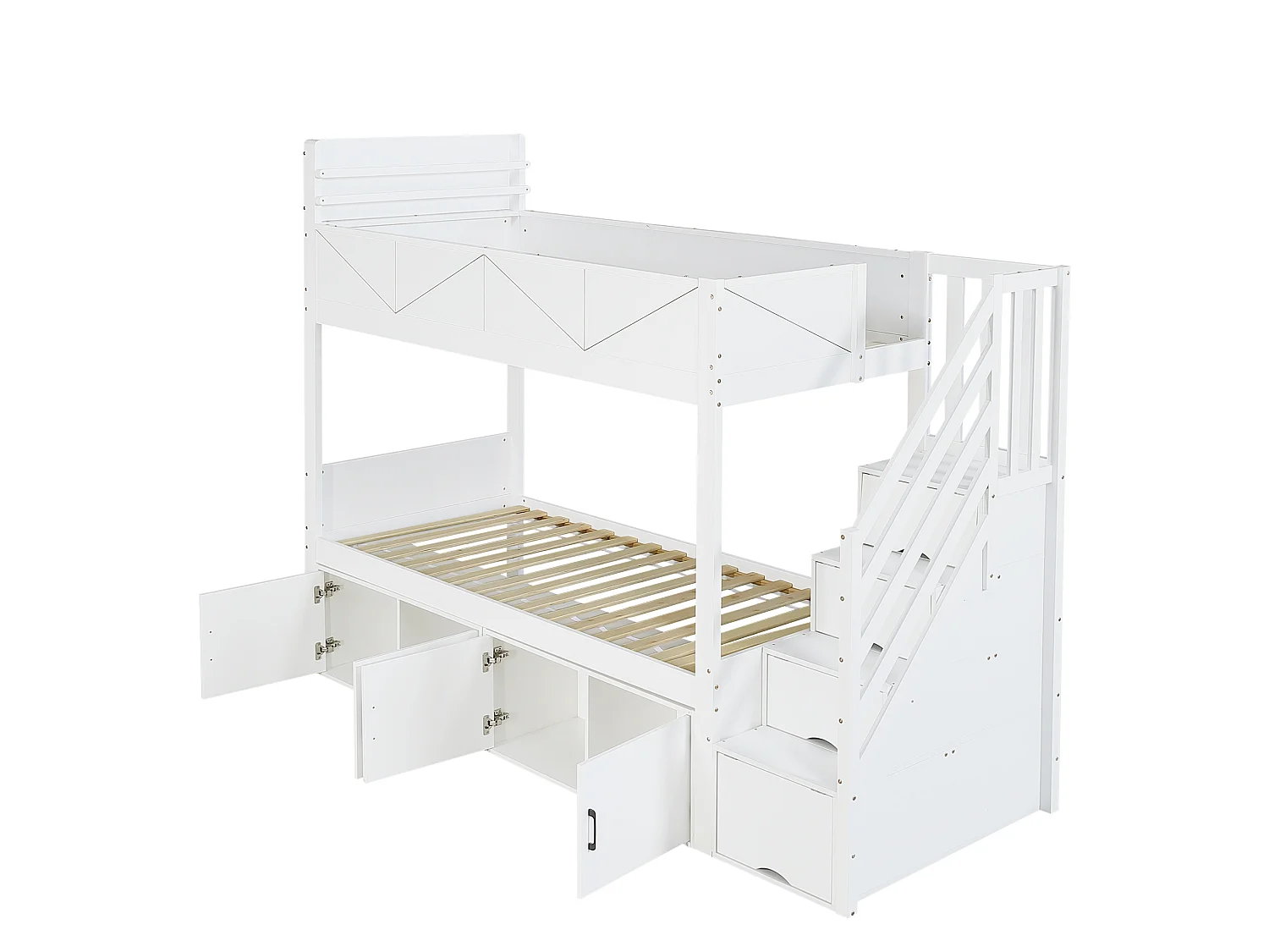 Lit superposé 90 x 200 cm avec escalier de rangement - Blanc