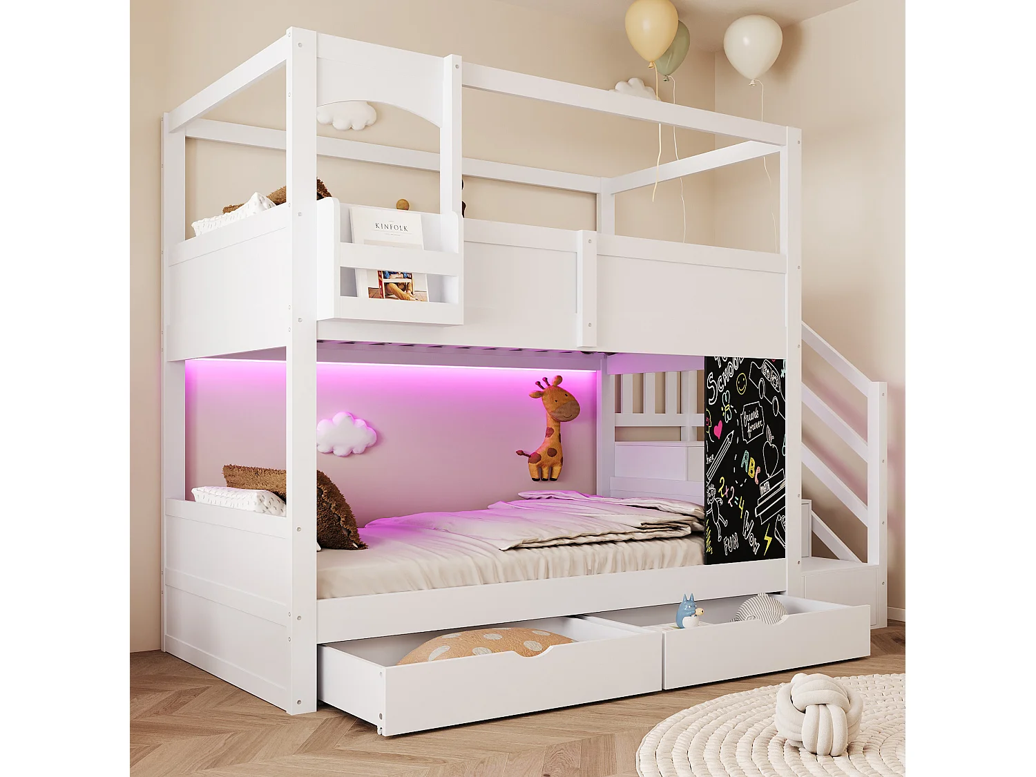 Lit superposé enfant 90 x 200 cm avec rangement et tableau à craie - Lit cabane blanc
