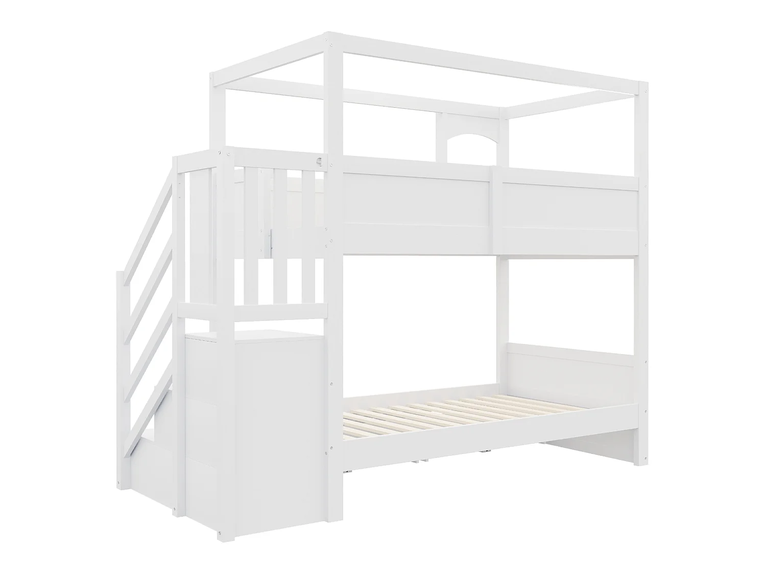 Lit superposé enfant 90 x 200 cm avec rangement et tableau à craie - Lit cabane blanc