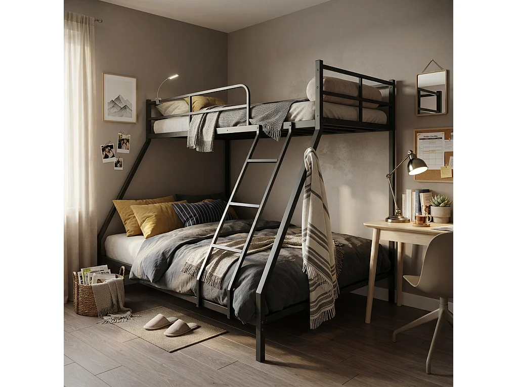 Lit superposé enfant 80 x 190 cm et 130 x 190 cm en métal avec échelle - Noir