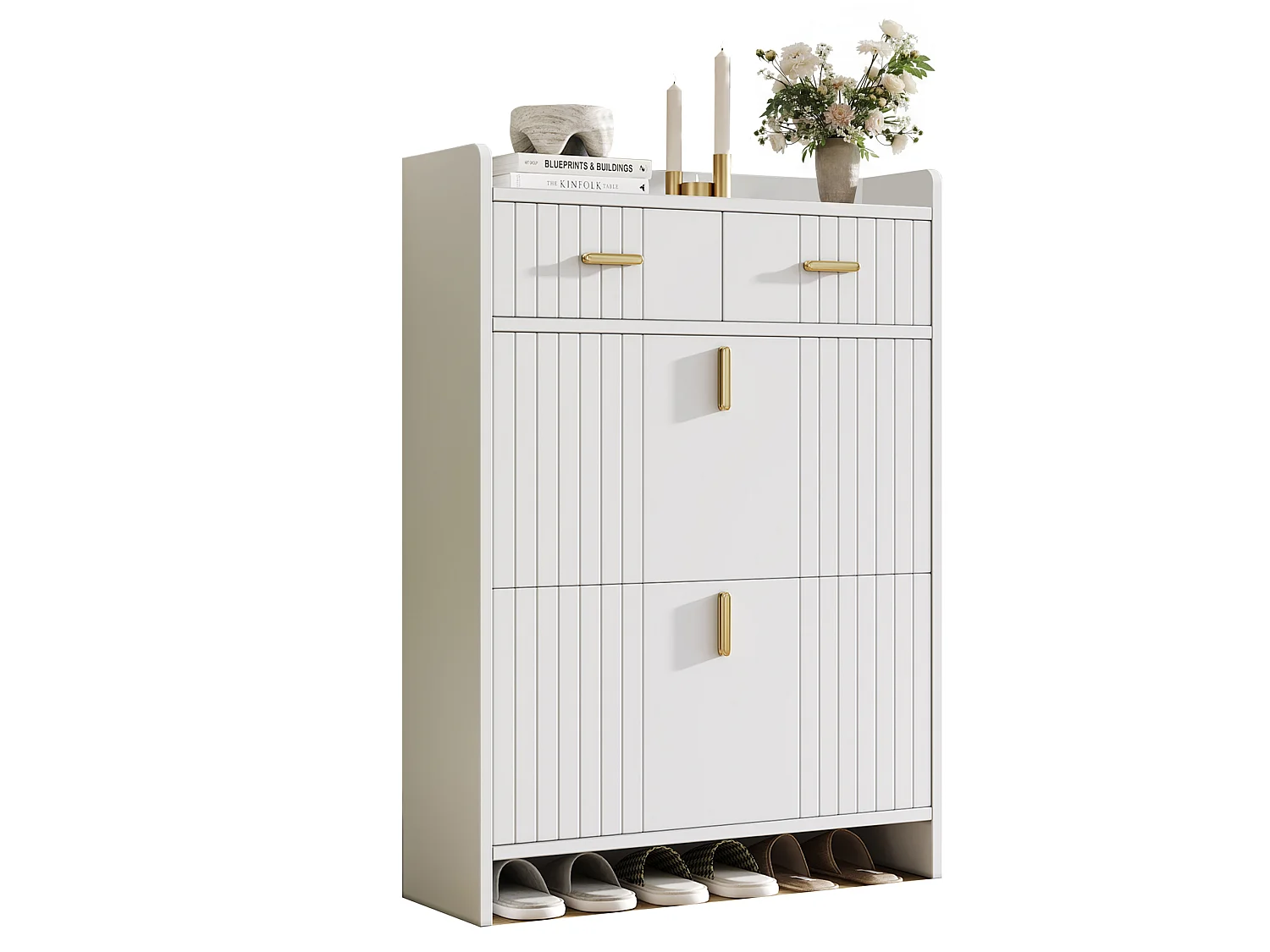 Scarpiera con ante a ribalta e 2 cassetti - Bianca 75 × 24 × 108,5 cm