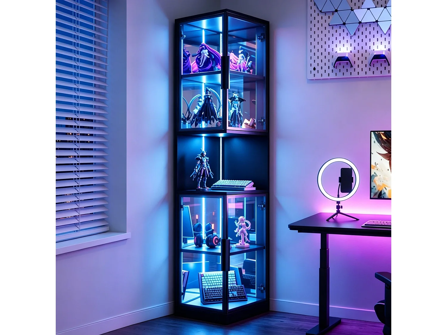 Vitrine LED de 205 cm avec portes vitrées - Pour cave à vin, bibliothèque - Noir