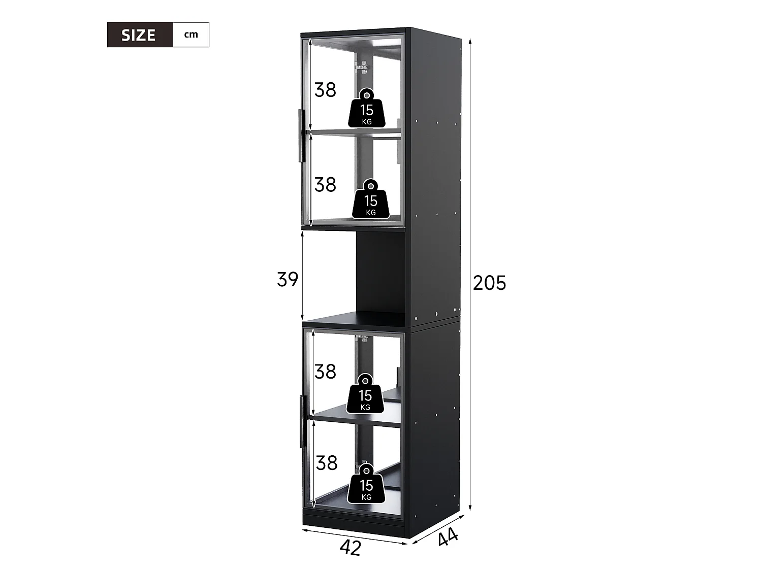 Vitrine LED de 205 cm avec portes vitrées - Pour cave à vin, bibliothèque - Noir