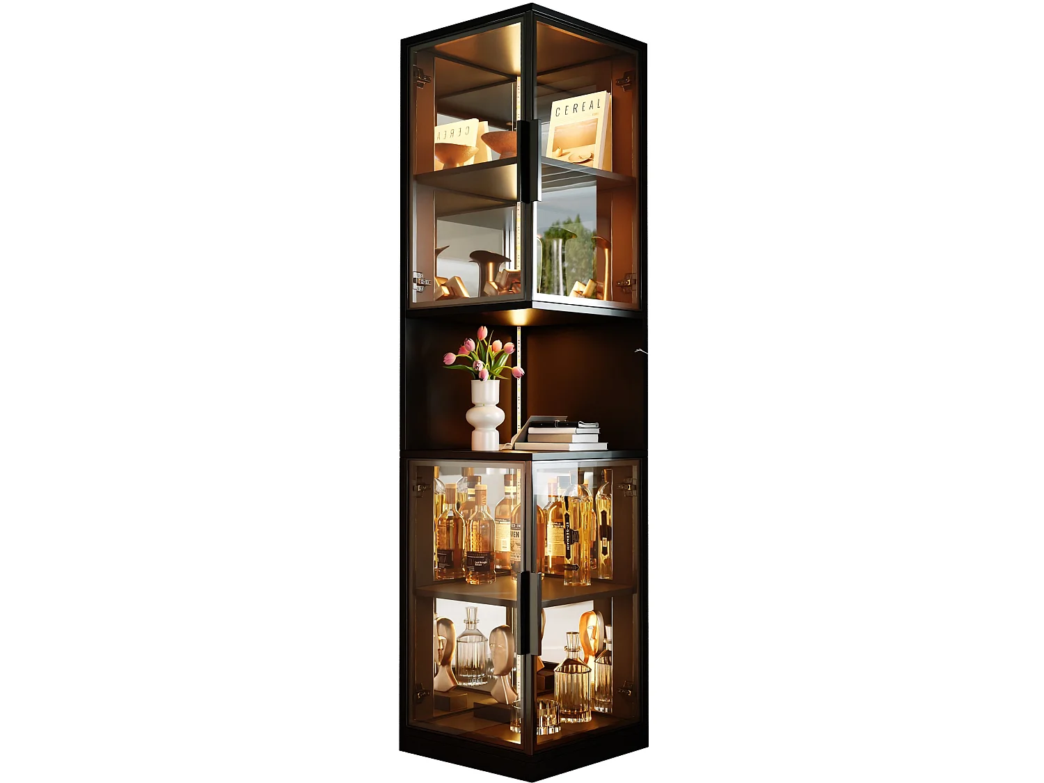 Vitrine LED de 205 cm avec portes vitrées - Pour cave à vin, bibliothèque - Noir