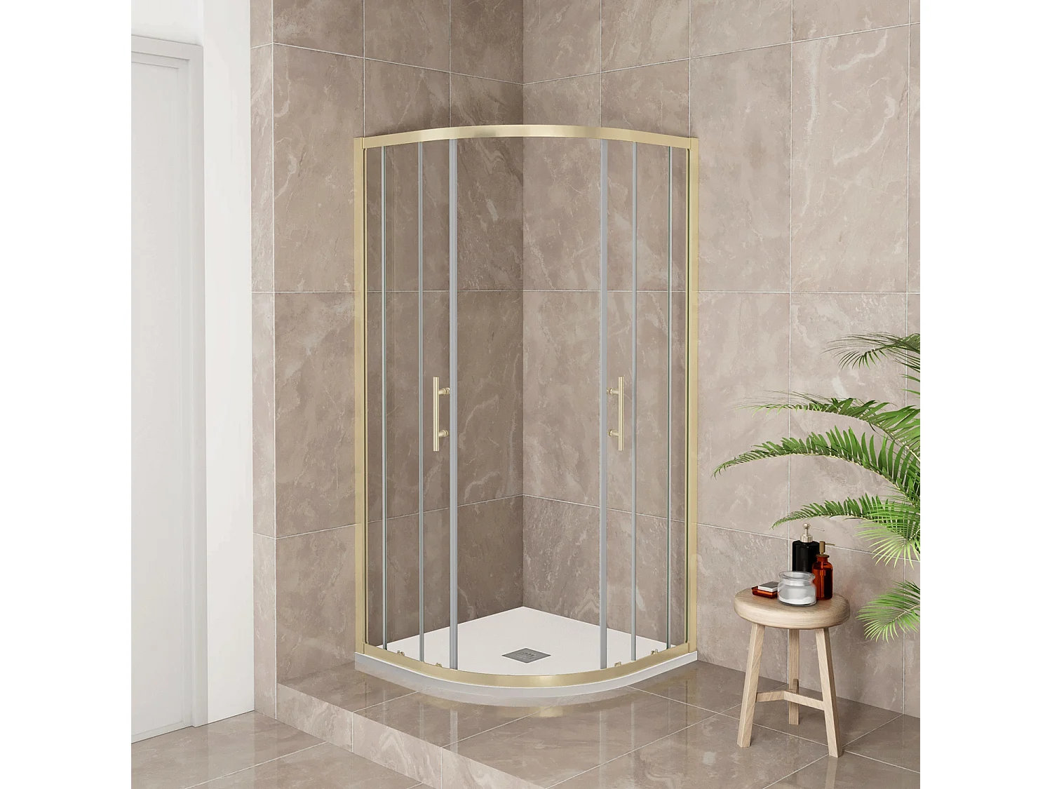 Box Doccia Semicircolare 90X90 cm H.190 Oro Spazzolato Porta Scorrevole Vetro 6 mm Trasparente Anticalcare, Piatto Doccia Bianco