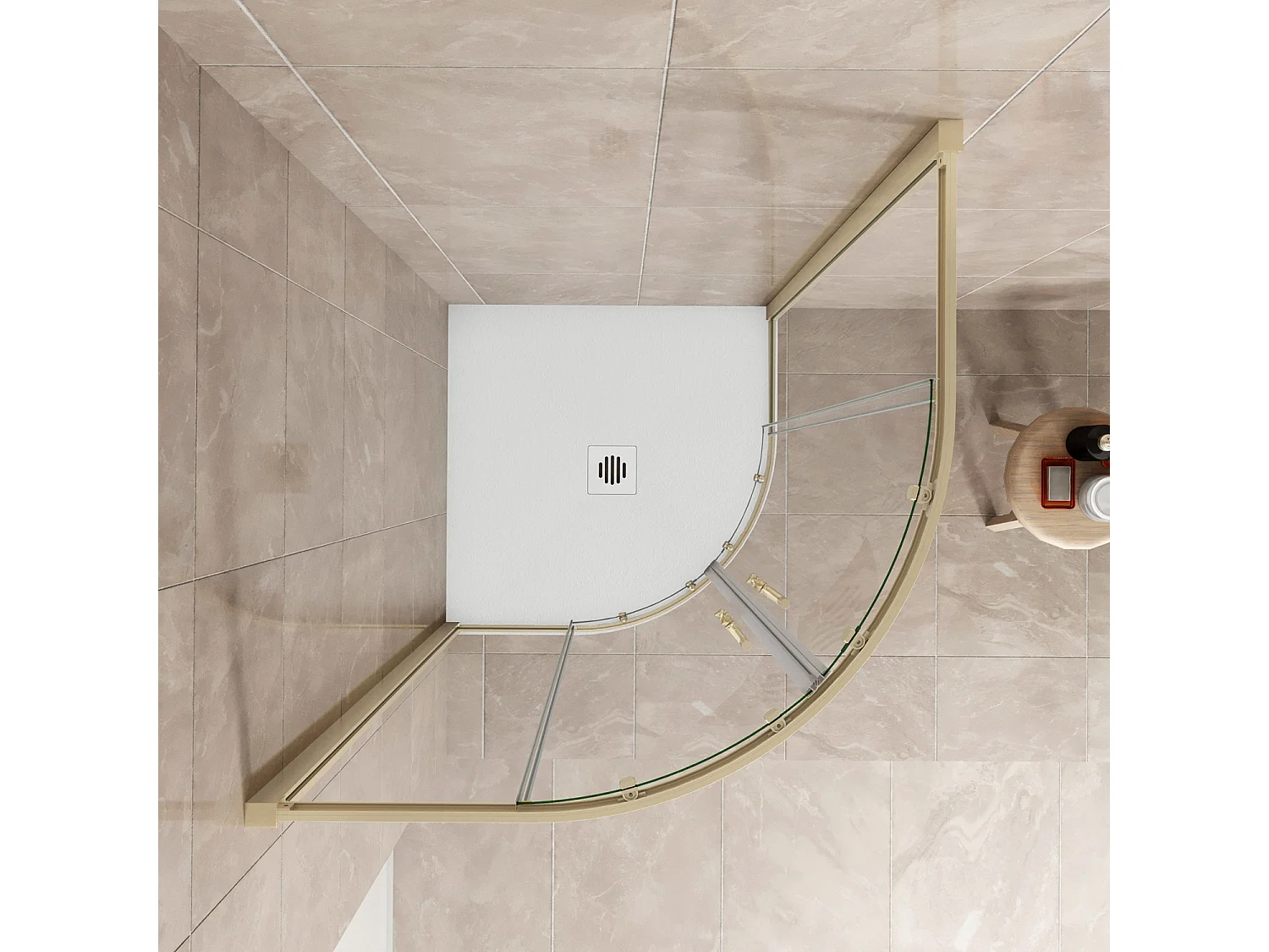 Box Doccia Semicircolare 90X90 cm H.190 Oro Spazzolato Porta Scorrevole Vetro 6 mm Trasparente Anticalcare, Piatto Doccia Bianco