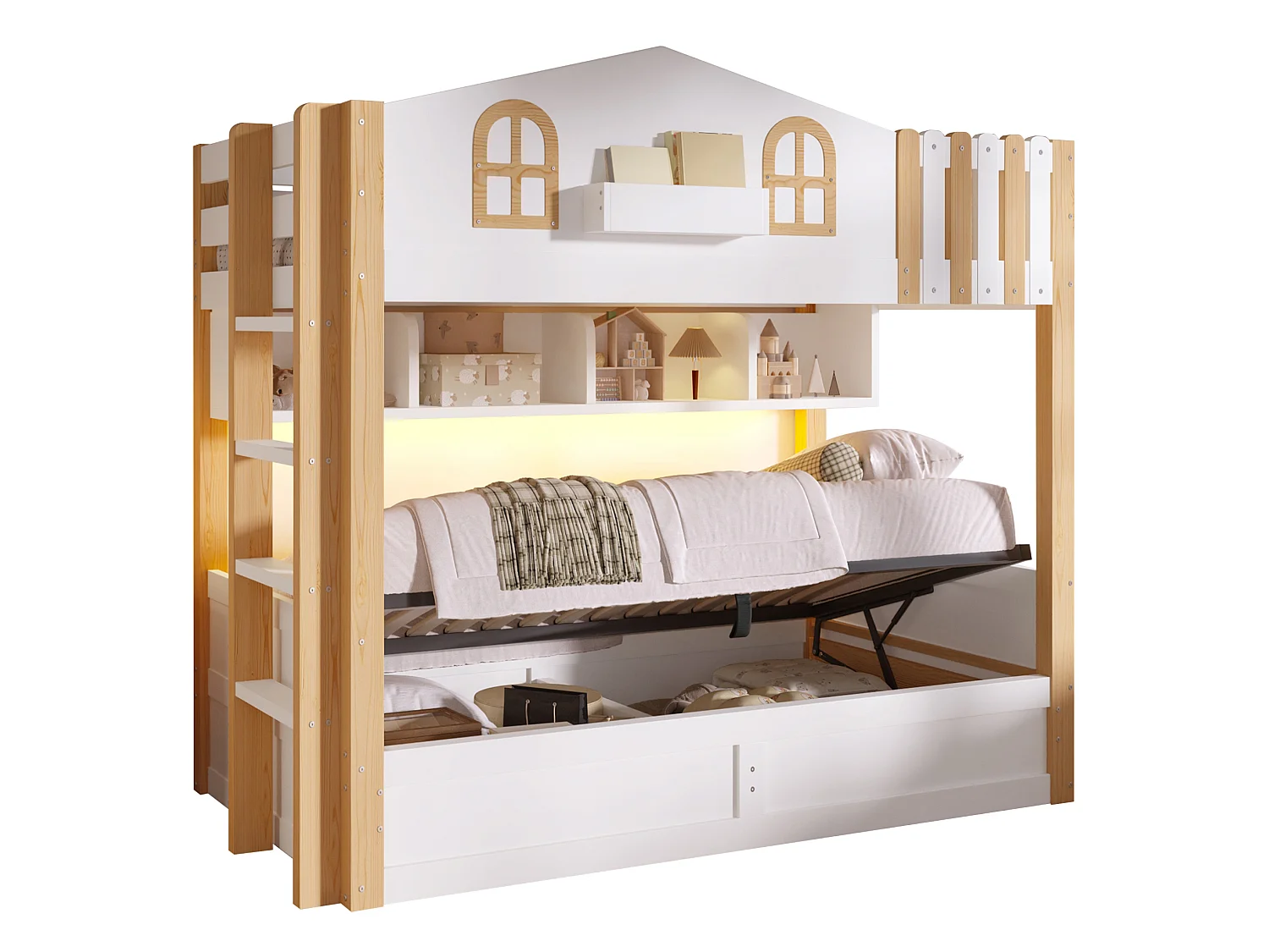 Lit superposé 90 x 200 cm avec rangement hydraulique et LED - Blanc et naturel