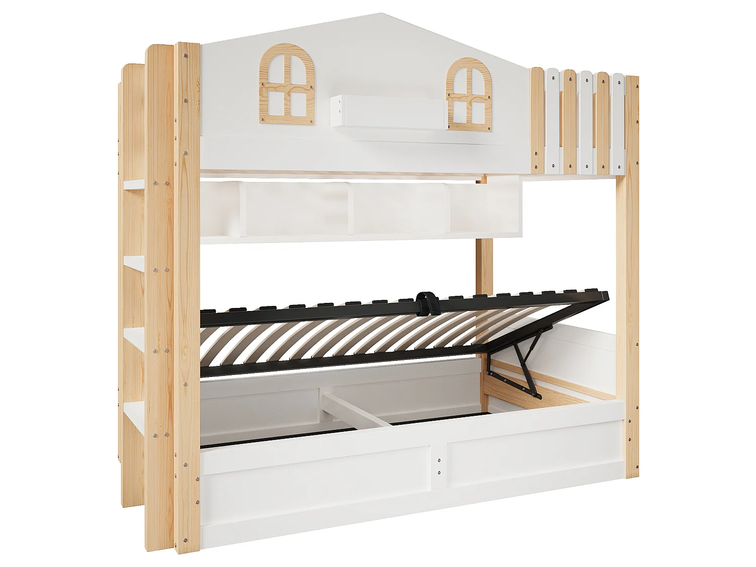 Lit superposé 90 x 200 cm avec rangement hydraulique et LED - Blanc et naturel