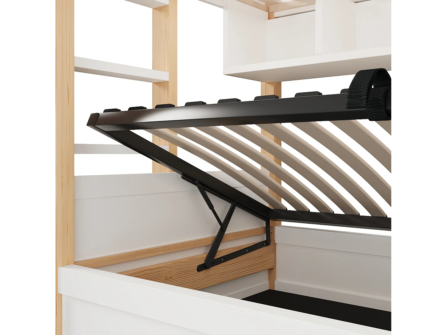 Lit superposé 90 x 200 cm avec rangement hydraulique et LED - Blanc et naturel