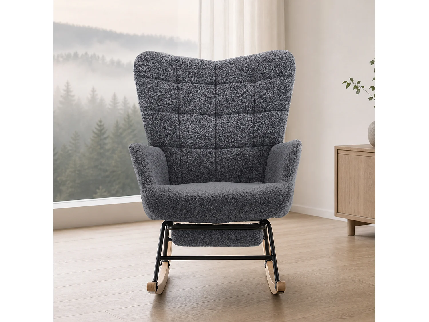 Rocking chair avec repose-pieds escamotable - Fauteuil à bascule en tissu gris
